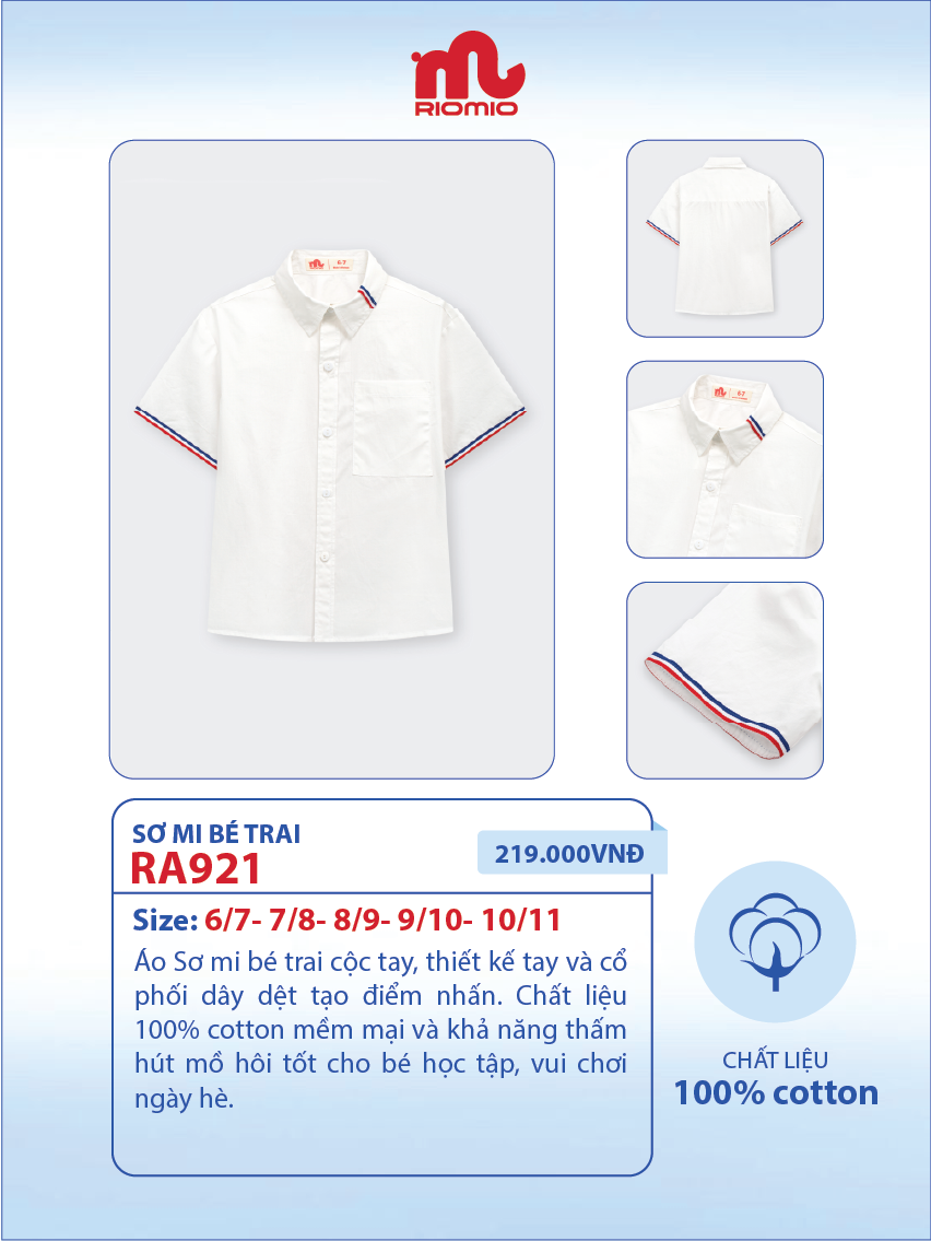 Mô tả Áo sơ mi trắng cộc tay Clitus bé trai RIOMIO chất cotton thô Hàn mềm-RA921 - 1