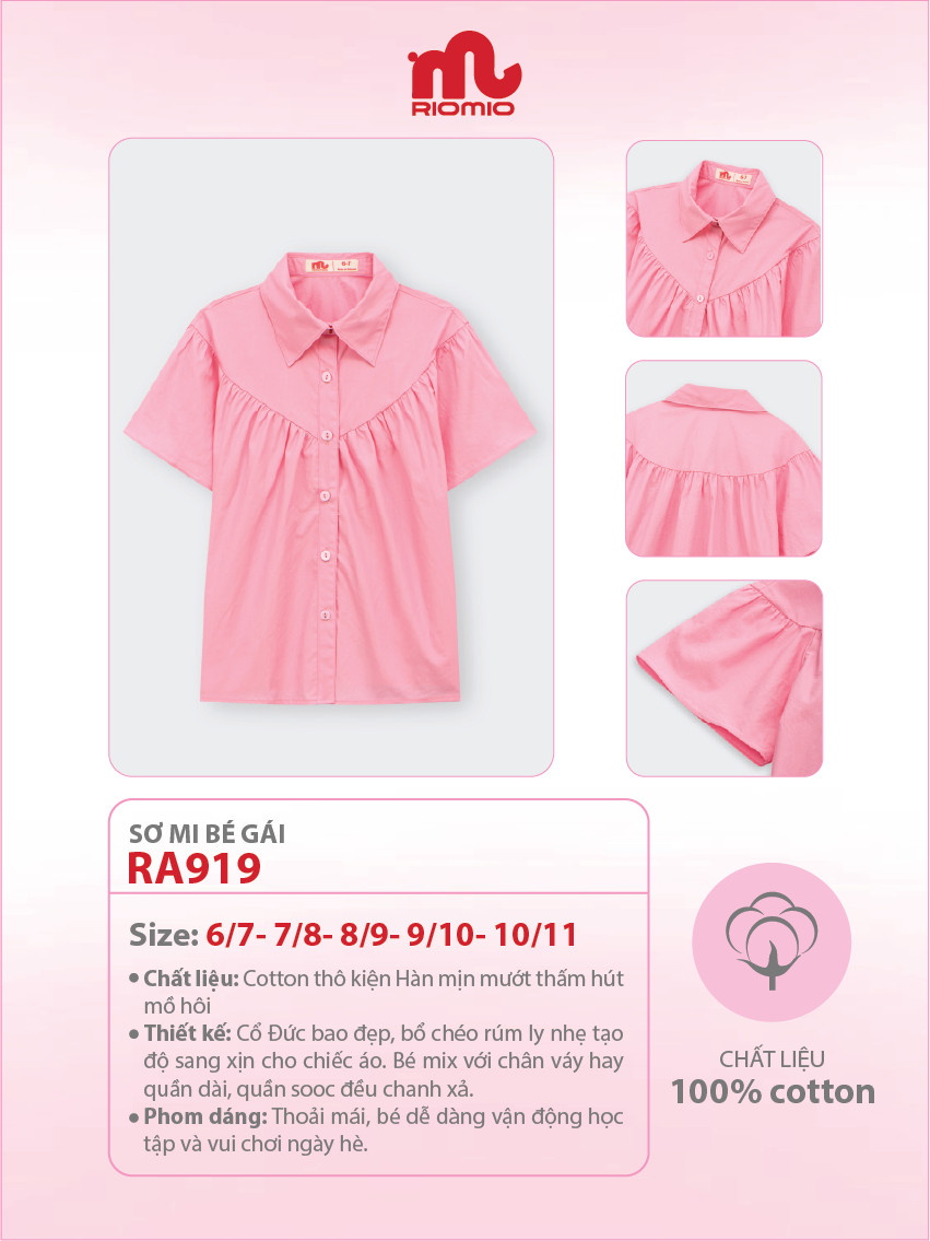 Mô tả Sơ mi bé gái cộc tay nhún Doris Riomio, chất liệu thoáng mát RA919 - 2