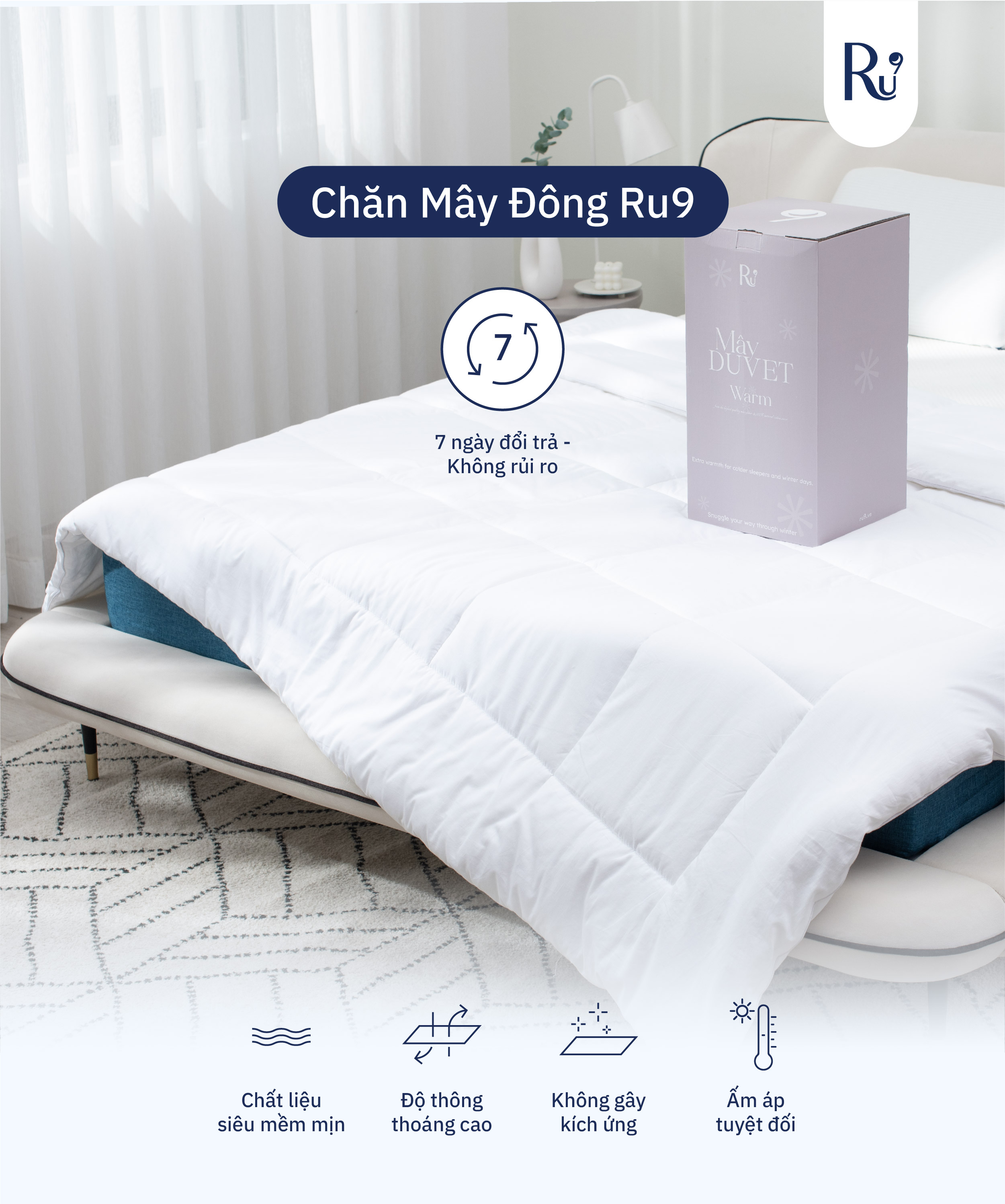 Mô tả Chăn Mây Đông Ru9 Duvet, 100% từ thiên nhiên, Thông Thoáng & Mềm Mịn - Giúp Giấc Ngủ Ngon - 1