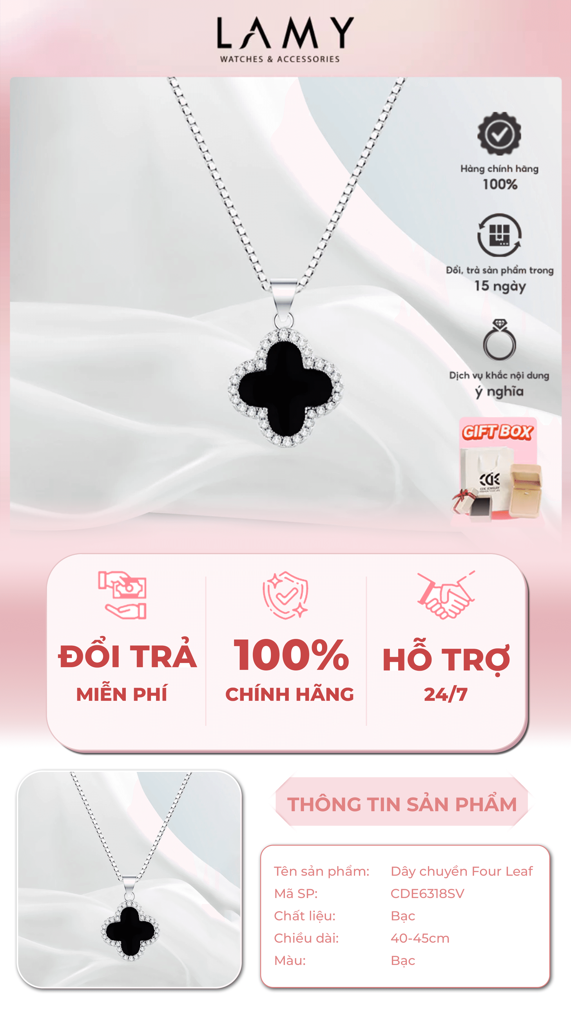 Mô tả Dây chuyền bạc nữ CDE Four Leaf cỏ 4 lá đính đá Necklace CDE6318SV - Bạc S925 cao cấp - 1