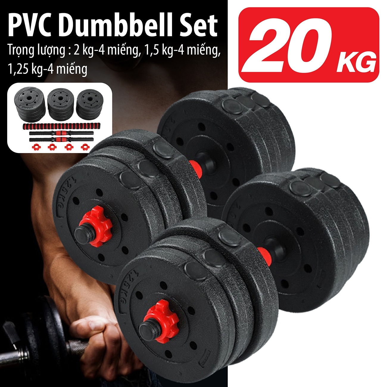 Mô tả BG-Bộ tạ, miếng tạ 20kg kèm bộ quai tạ ấm đa năng, chất liệu PVC cao cấp - 6
