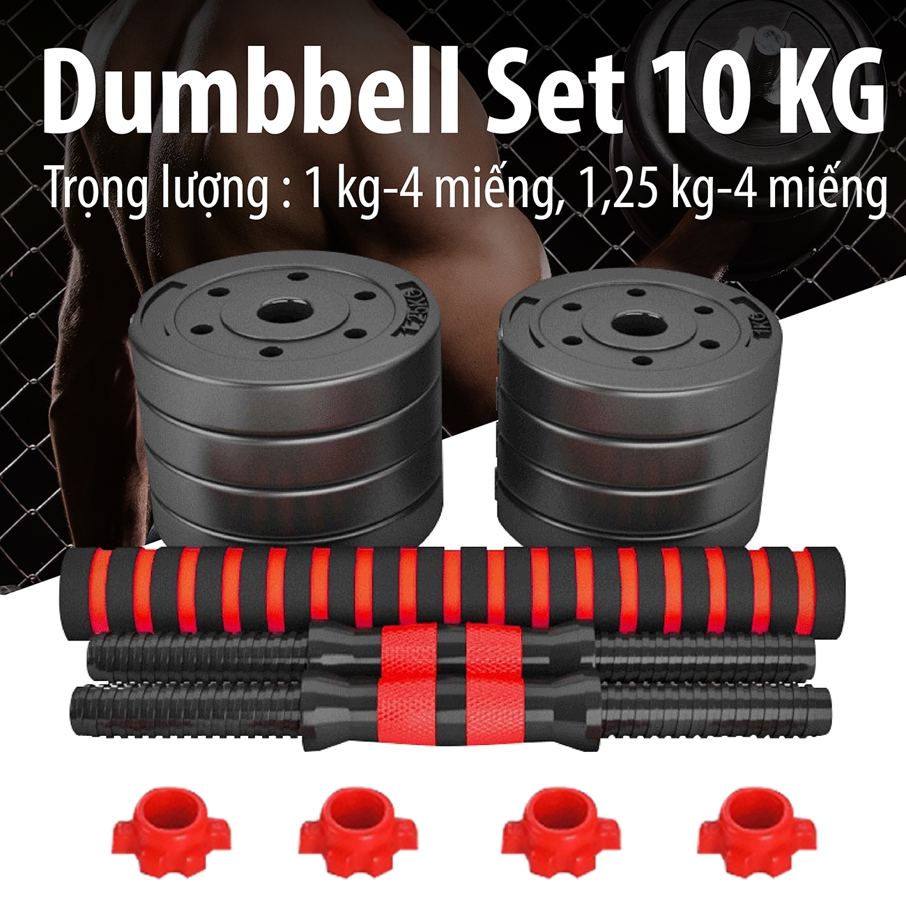 Mô tả BG Bộ tạ đôi tạ nhựa đen PVC 10KG cao cấp đa năng thiết kế mới - 8