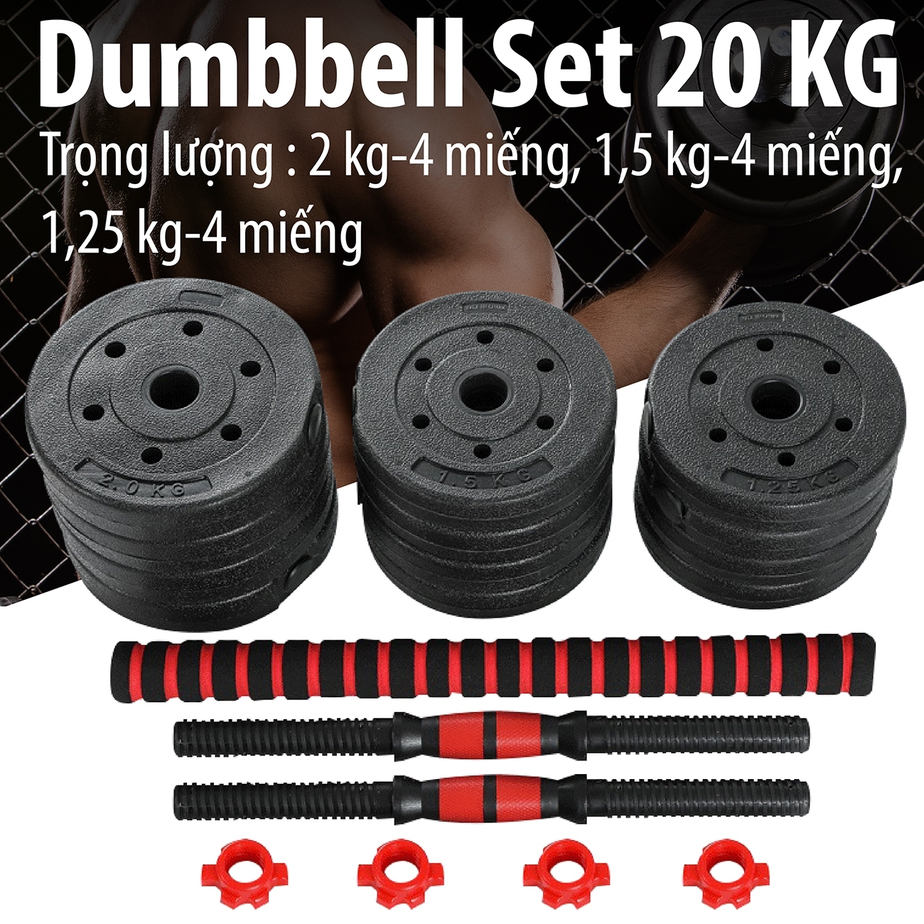 Mô tả BG-Bộ tạ, miếng tạ 20kg kèm bộ quai tạ ấm đa năng, chất liệu PVC cao cấp - 10