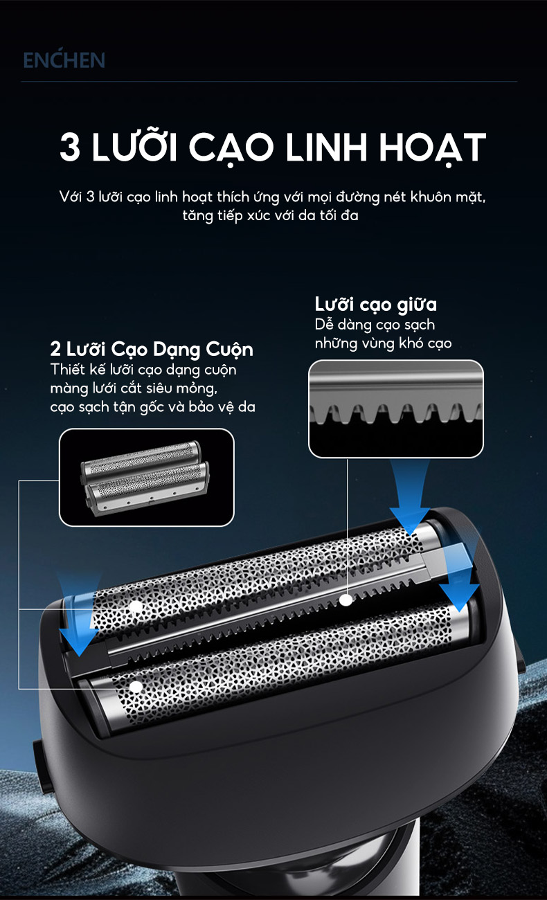 Mô tả Máy cạo râu Enchen MS001 3 lưỡi dao linh hoạt, động cơ cạo mạnh mẽ chống nước toàn thân - BH 6 tháng - 2