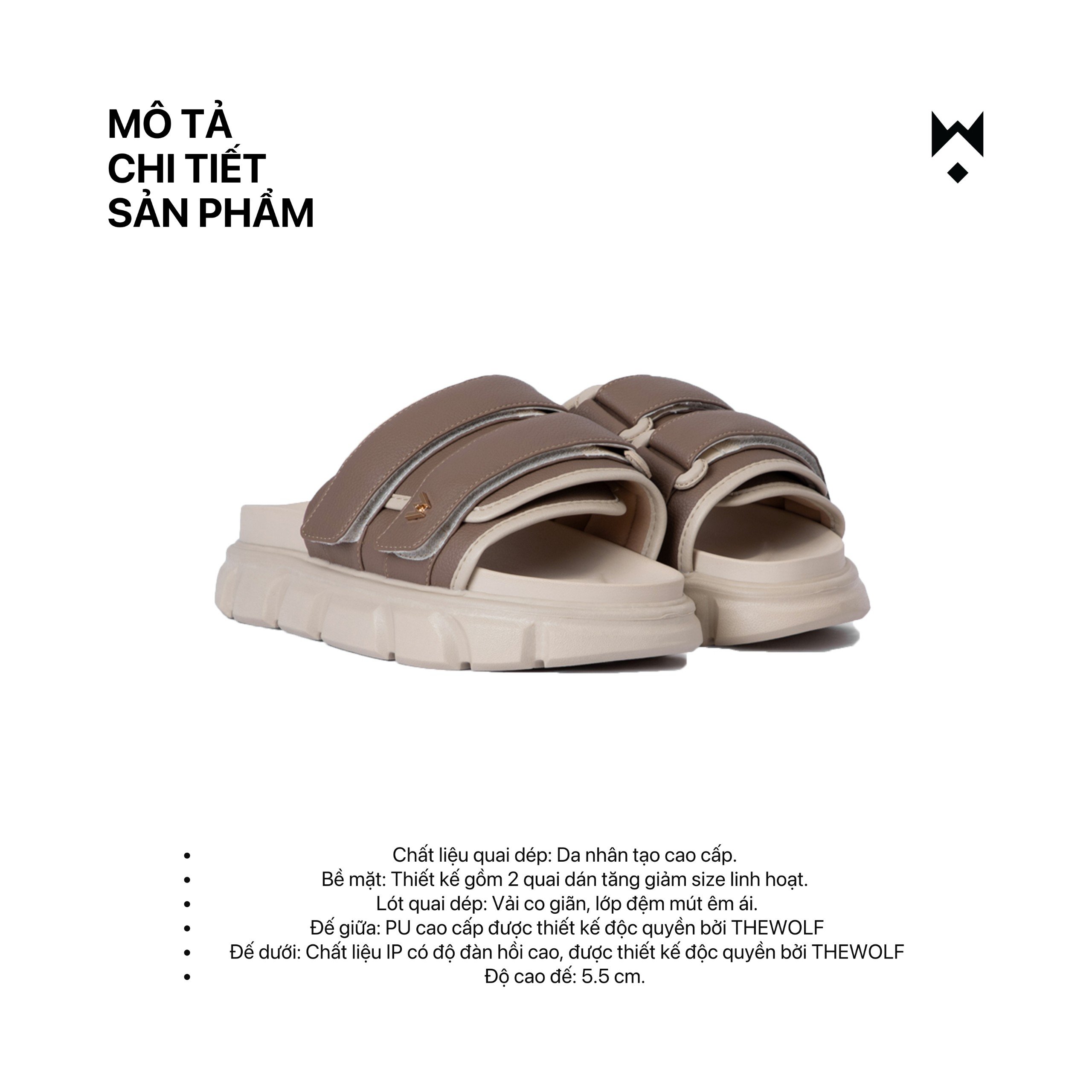 Mô tả Dép Sandal Nam Nữ Tăng Chiều Cao THEWOLF ESSENTIAL STRAP SLIDE SANDAL - Đen Xám Nâu Beige Kem Sữa - 5
