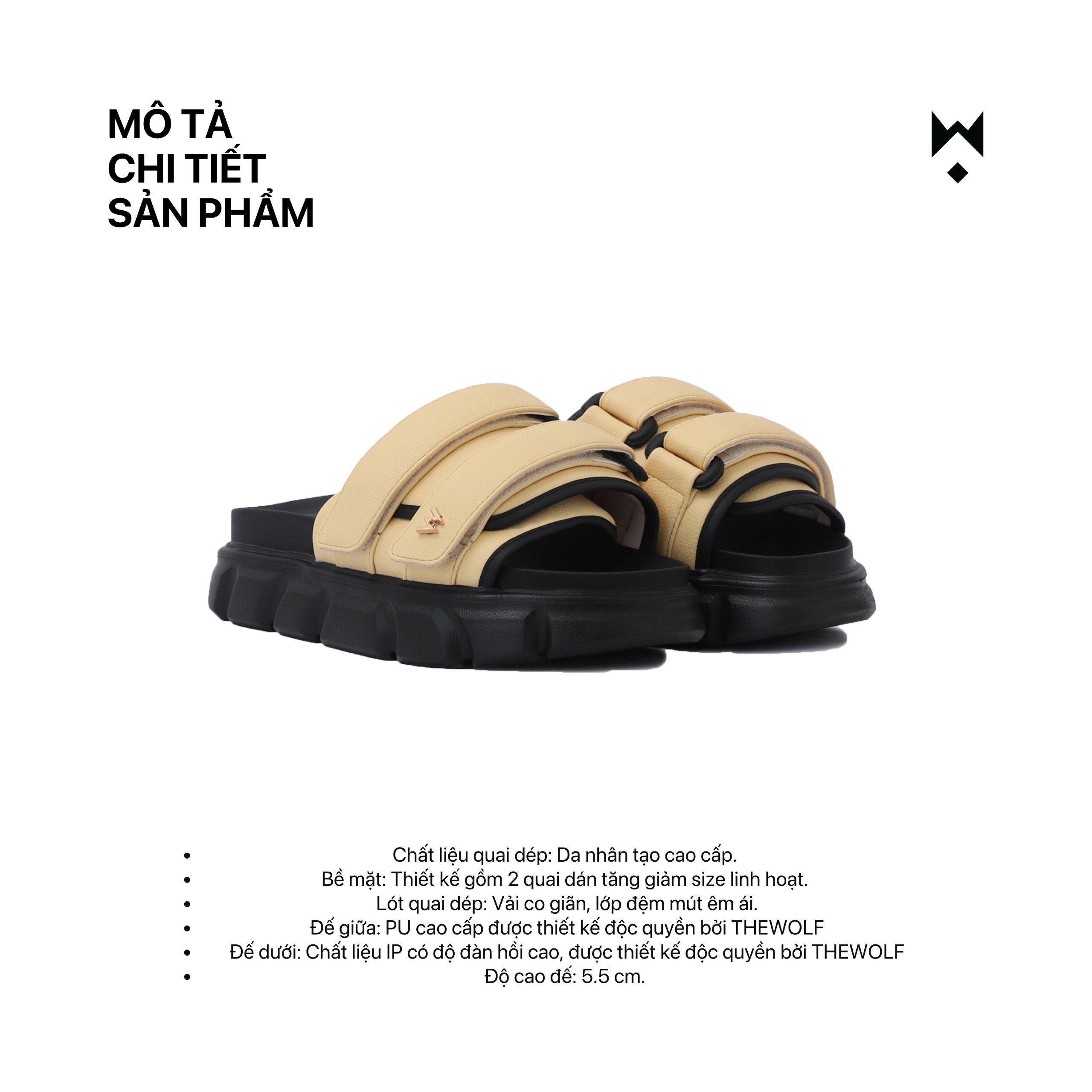 Mô tả Dép Sandal Nam Nữ Tăng Chiều Cao THEWOLF ESSENTIAL STRAP SLIDE SANDAL - Đen Xám Nâu Beige Kem Sữa - 6