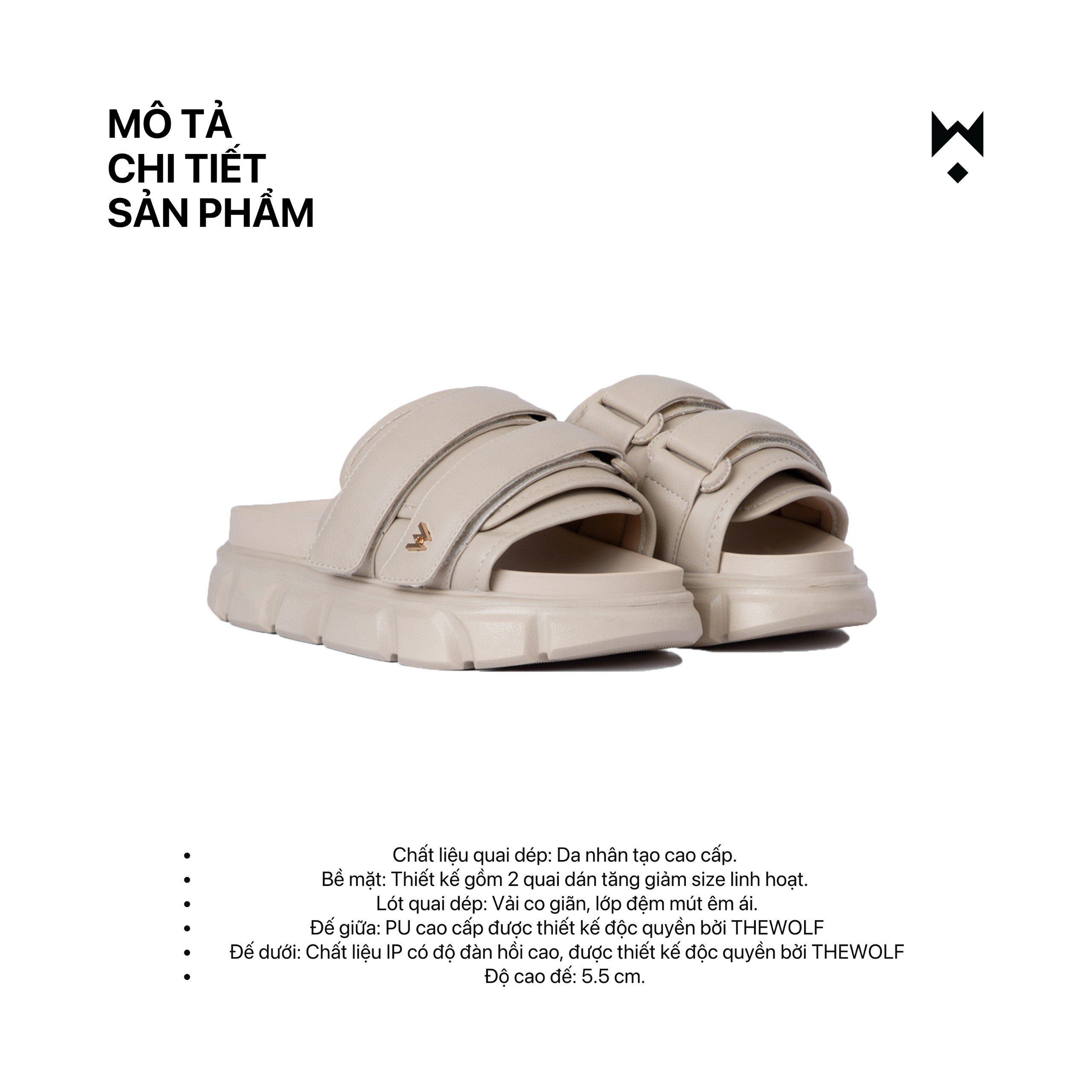 Mô tả Dép Sandal Nam Nữ Tăng Chiều Cao THEWOLF ESSENTIAL STRAP SLIDE SANDAL - Đen Xám Nâu Beige Kem Sữa - 7