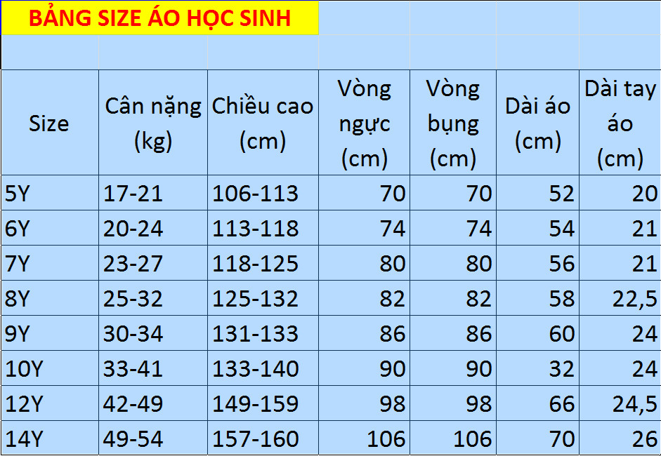 Bảng size đồng phục Jadiny