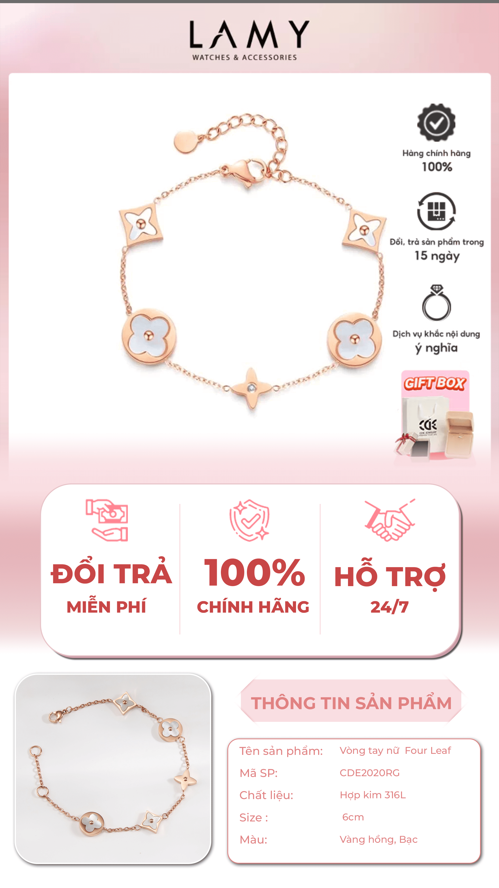 Mô tả Vòng tay nữ CDE Four Leaf Flower Bracelet Rose Gold CDE2020RG - 1