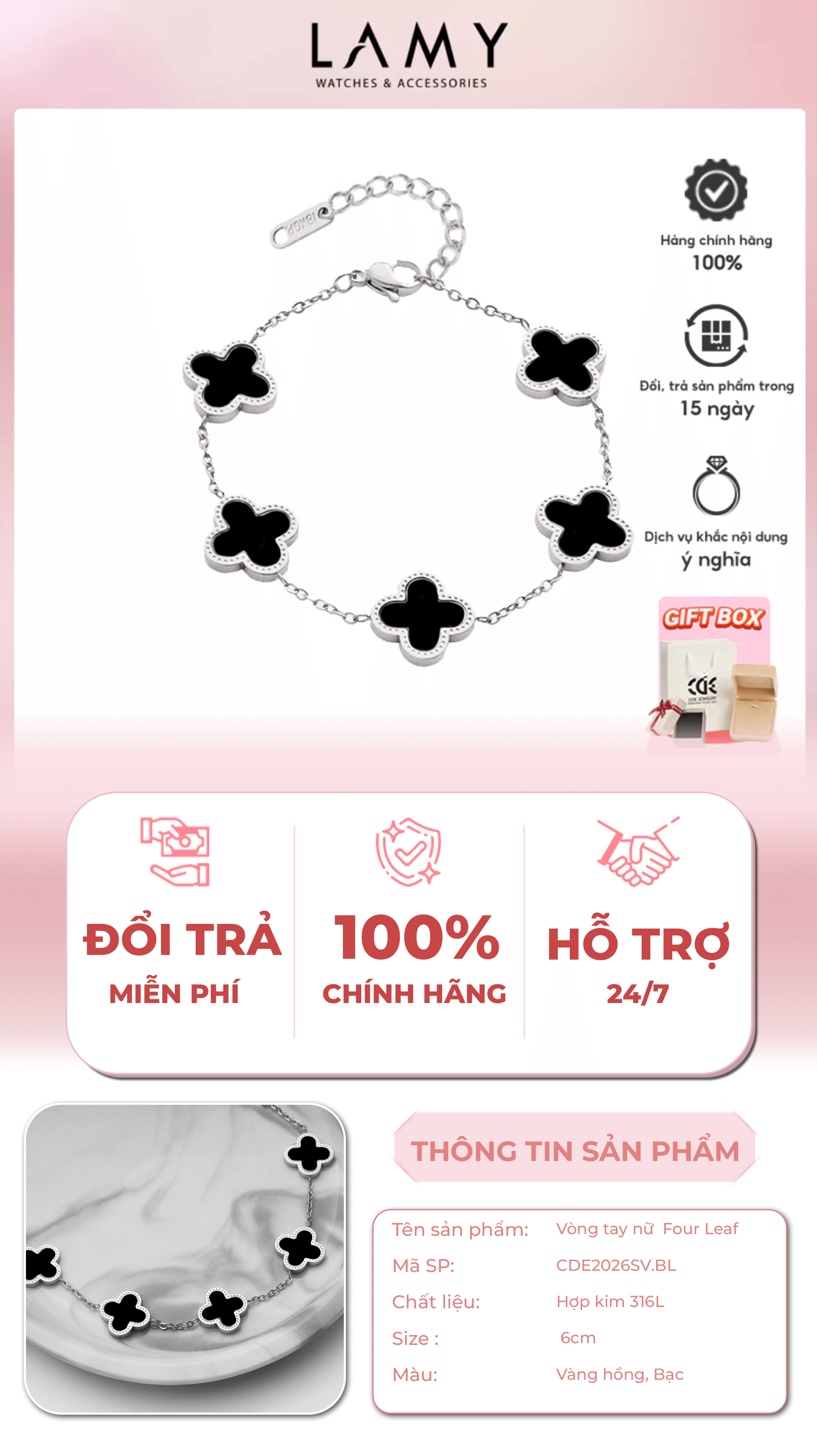 Mô tả Vòng tay nữ CDE Five Four Leaf Clovers Bracelet Silver CDE2026SV.BL - 1