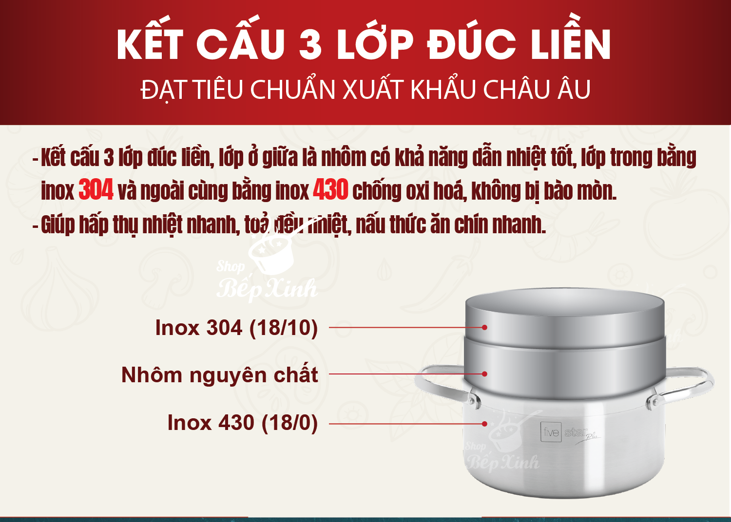 Mô tả Nồi Inox 304 3 lớp đáy liền khối cao cấp Fivestar Plus 18cm | 20cm | 22cm | 24cm | 26cm | 28cm , dùng được mọi bếp - 3