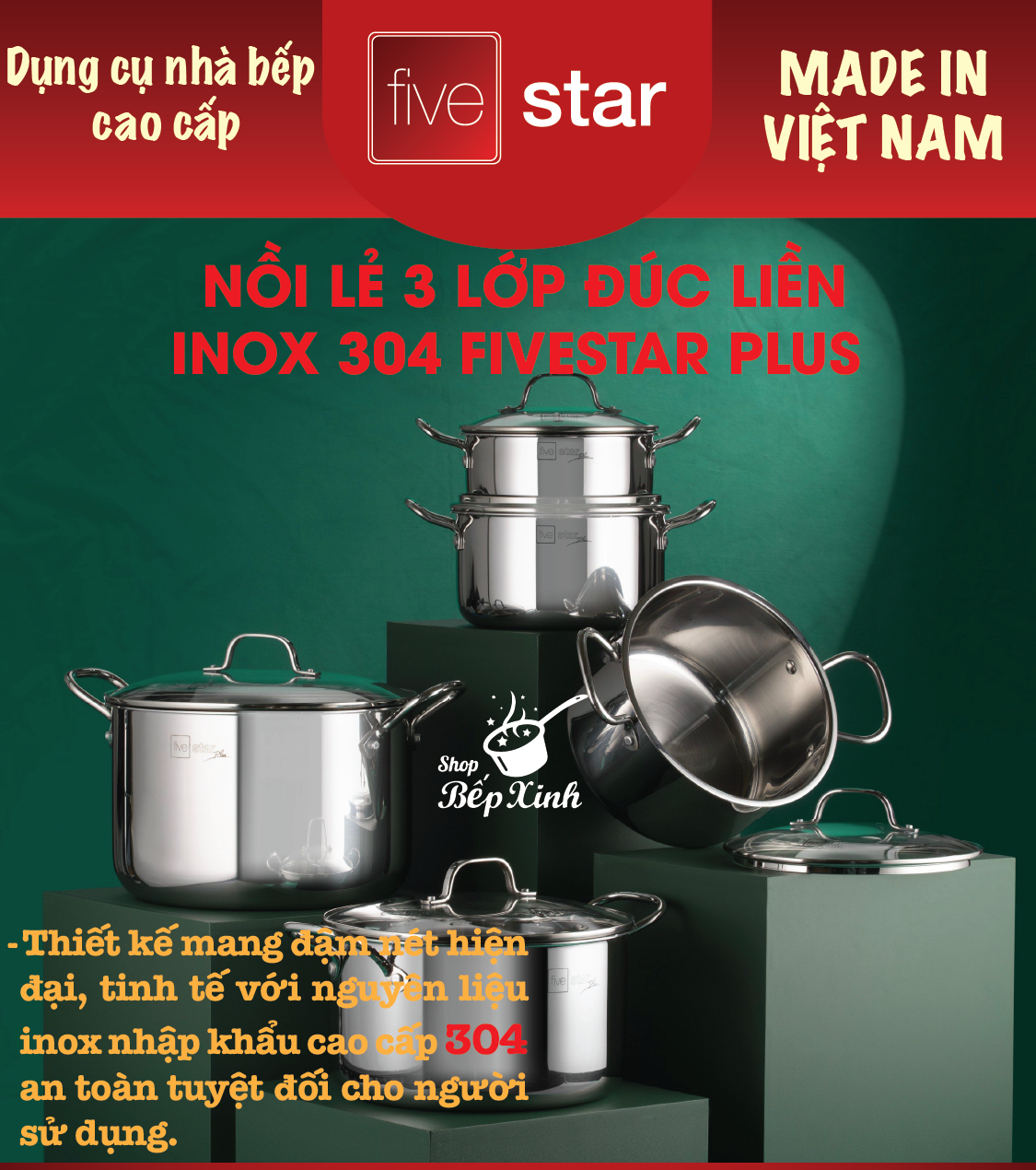 Mô tả Nồi Inox 304 3 lớp đáy liền khối cao cấp Fivestar Plus 18cm | 20cm | 22cm | 24cm | 26cm | 28cm , dùng được mọi bếp - 1