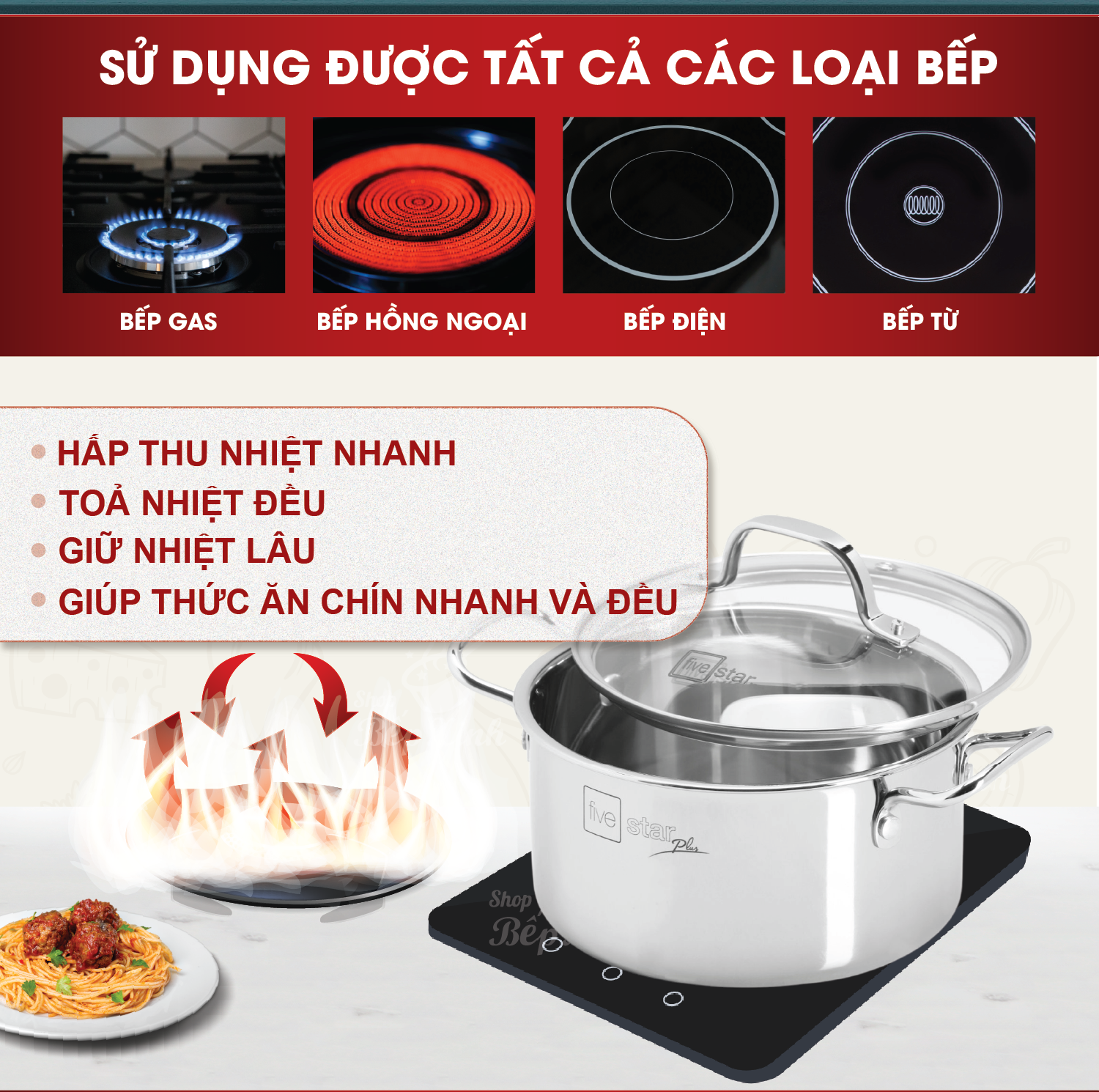 Mô tả Nồi Inox 304 3 lớp đáy liền khối cao cấp Fivestar Plus 18cm | 20cm | 22cm | 24cm | 26cm | 28cm , dùng được mọi bếp - 5