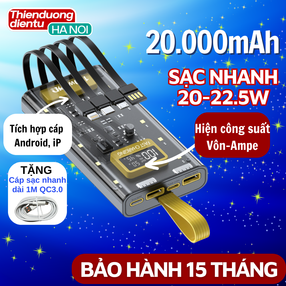 Sạc Pin Dự Phòng Trong Suốt Với Cổng Sạc Nhanh 22.5W tên PD200W Kèm 4 đầu sạc màn hình OLED Hiển thị công suất – ảnh mô tả chi tiết 1
