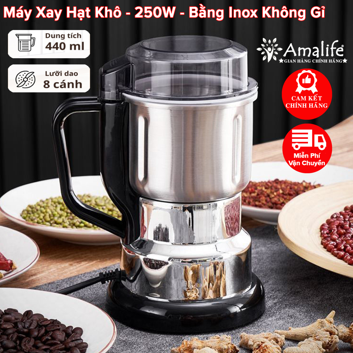Mô tả Máy Xay Hạt Khô, Xay Bột, Gia Vị, Cà Phê Đa Năng Công Suất 250-300W 6 - 8 Lưỡi Dao Cực Bén Cối Inox Chính Hãng Amalife - 1