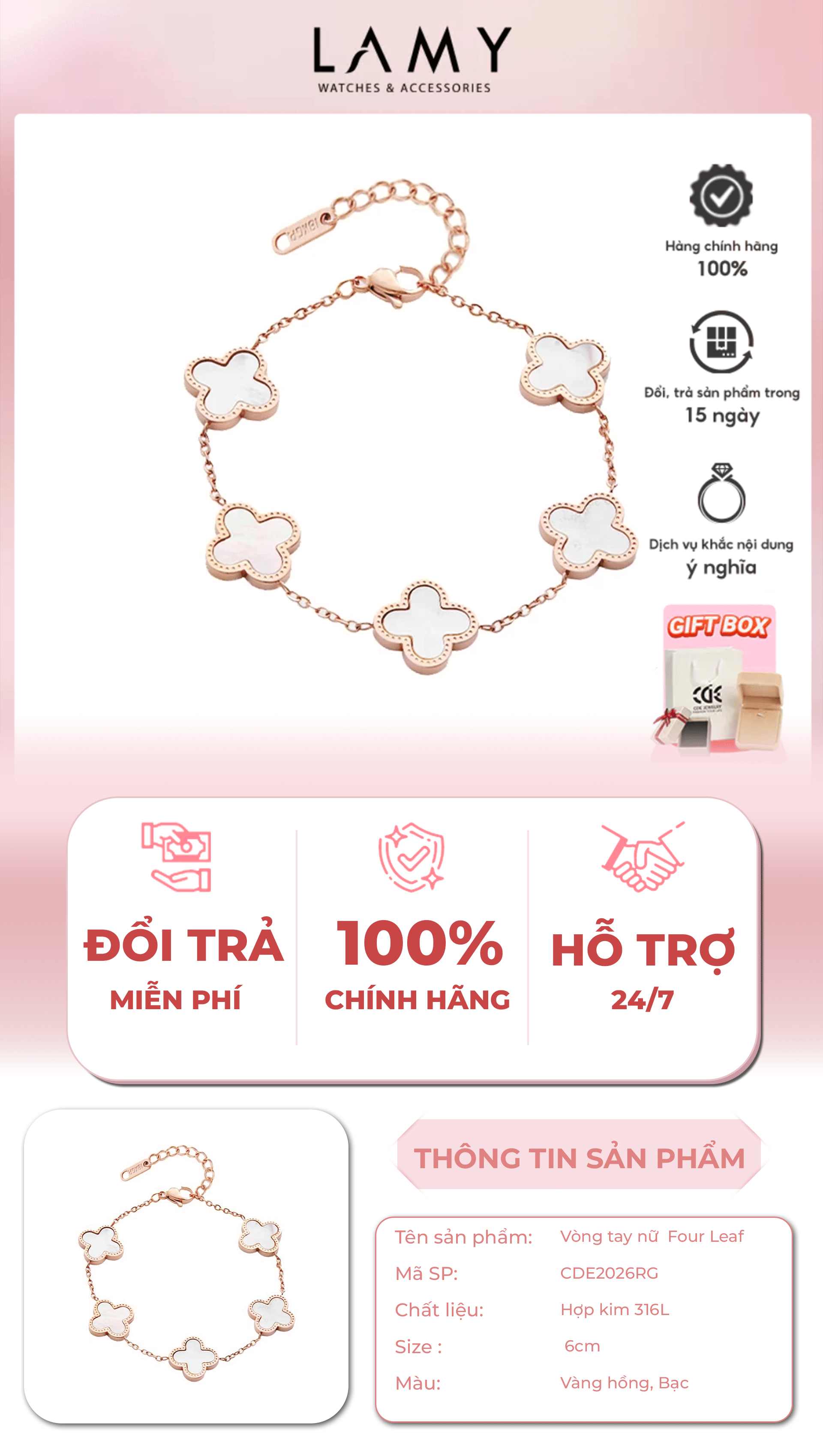 Mô tả Vòng tay nữ CDE Five Four Leaf Clovers Bracelet Rose Gold CDE2026RG - 1