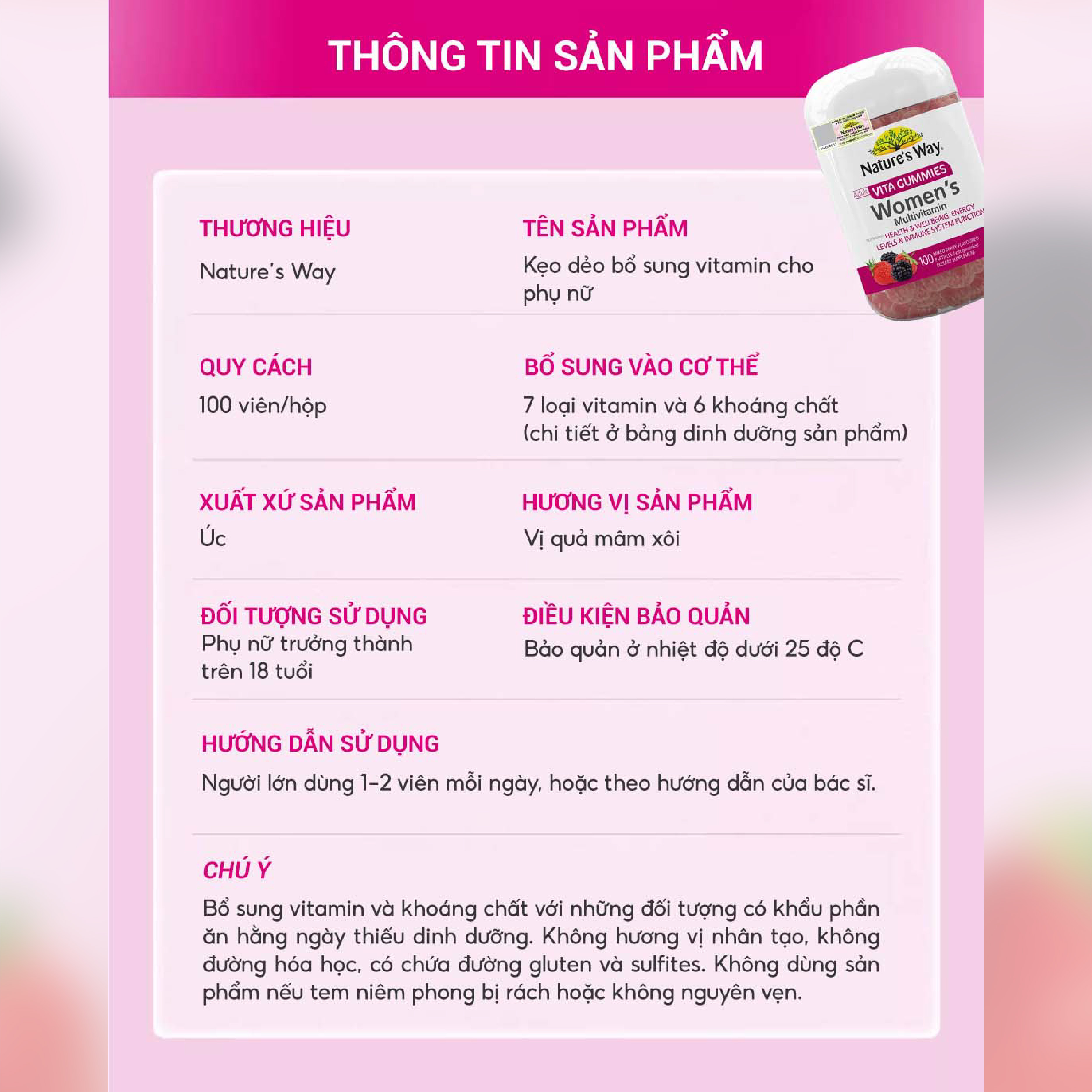Mô tả Viên Nhai Nature’s Way Adult Vita Gummies Women’s Multivitamin Bổ Sung Vitamin Và Khoáng Chất Cho Phụ Nữ - 1