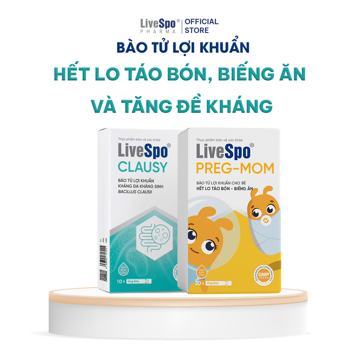Mô tả Combo Giảm rối loạn tiêu hóa, táo bón, biếng ăn ở trẻ, 1 hộp LiveSpo Clausy - 1 hộp LiveSpo Pregmom - 1