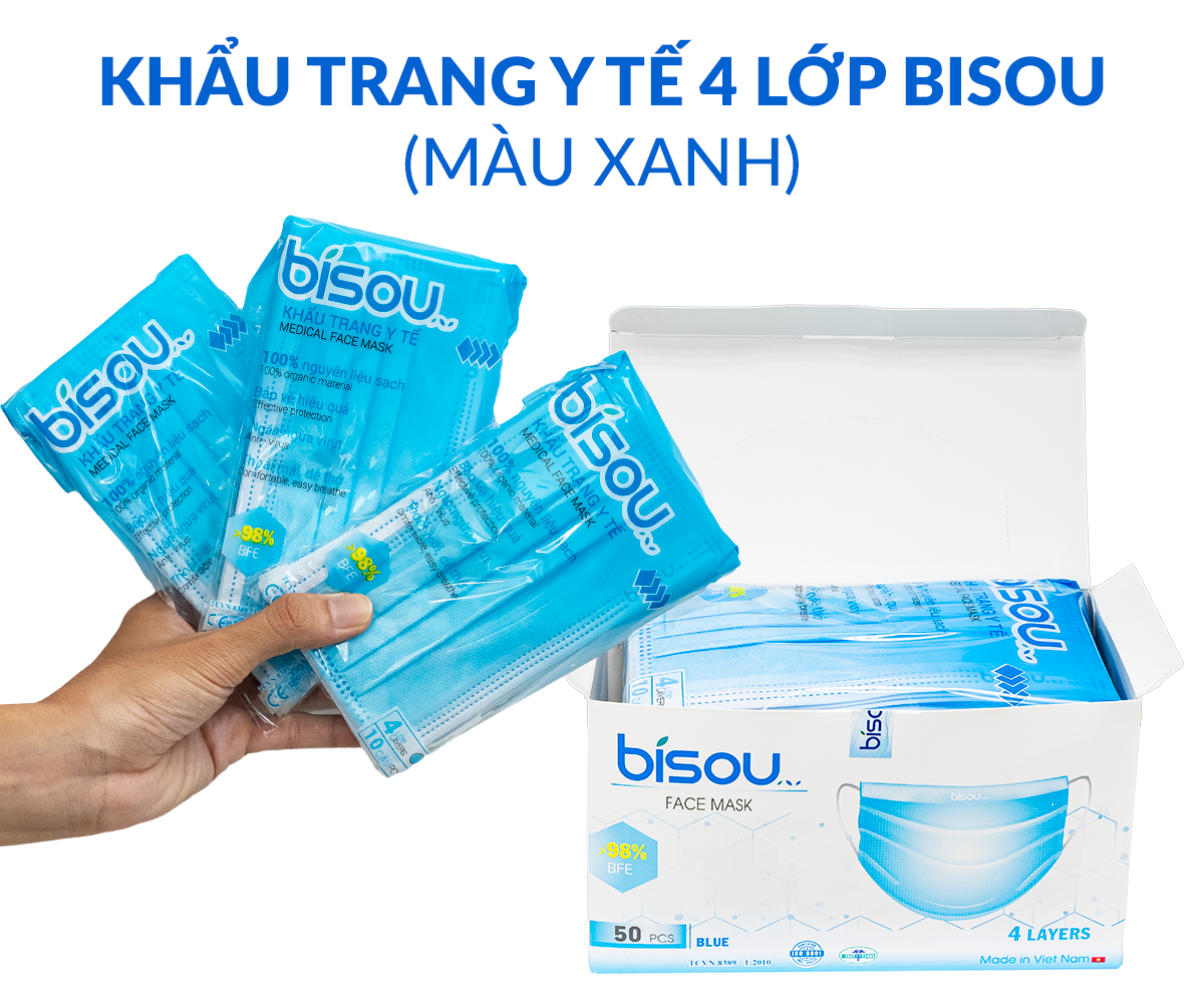 Mô tả Khẩu trang y tế 4 lớp Bisou (Màu Xanh và Màu Trắng) - 50 cái/hộp - 1