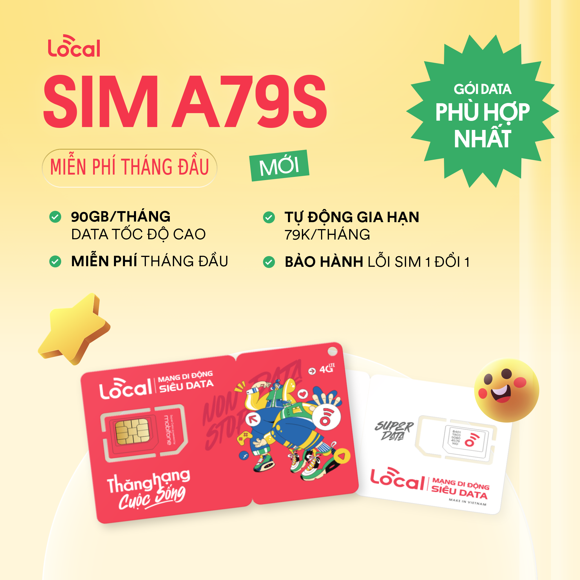 Mô tả Sim 4G Mobifone A79S LOCAL 3GB/ ngày - 90GB/ tháng. SIÊU SIM DATA Gọi Sẵn 1 tháng. DKCC - 1