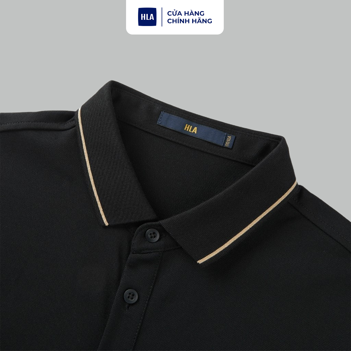 Mô tả Áo POLO nam HLA ngắn tay mềm mịn phối viền thêu logo rồng Dragon pattern neckline solid black POLO Shirt - 3