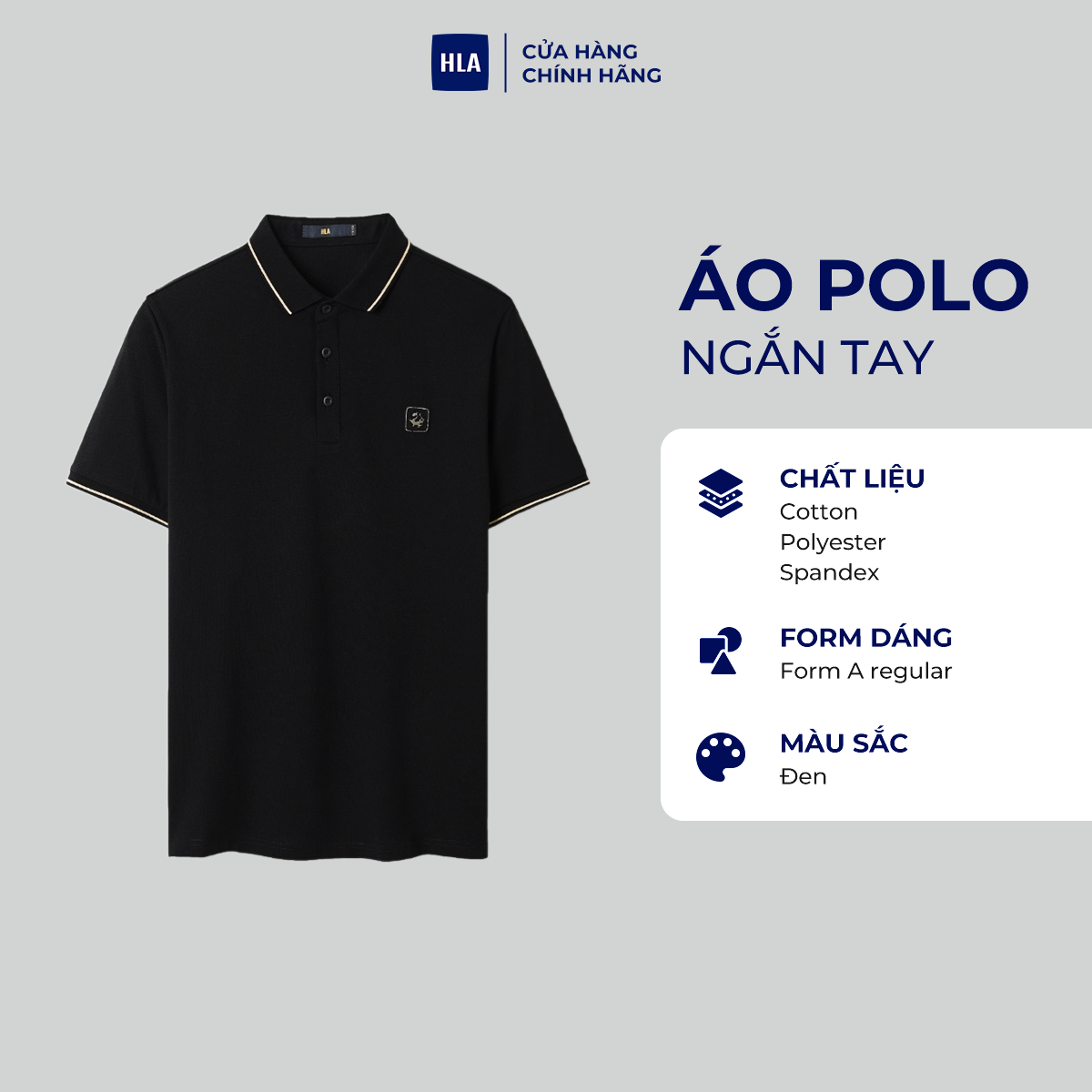 Mô tả Áo POLO nam HLA ngắn tay mềm mịn phối viền thêu logo rồng Dragon pattern neckline solid black POLO Shirt - 1