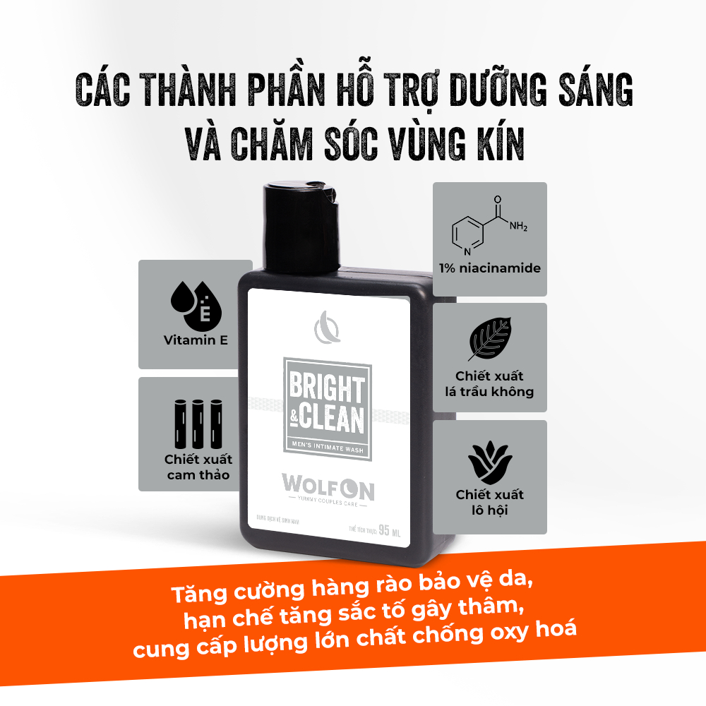 Mô tả Dung Dịch Vệ Sinh Nam Giới Wolf ON Bright & Clean Dưỡng Sáng 1% Niacinamide Sạch Thơm Nam Tính 95ml - 5