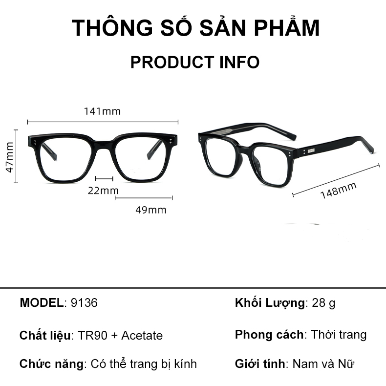 Mô tả Gọng kính cận thời trang nam nữ ANDU EYEWEAR dáng vuông chống tia UV chất liệu nhựa cao cấp - 9136 - 2
