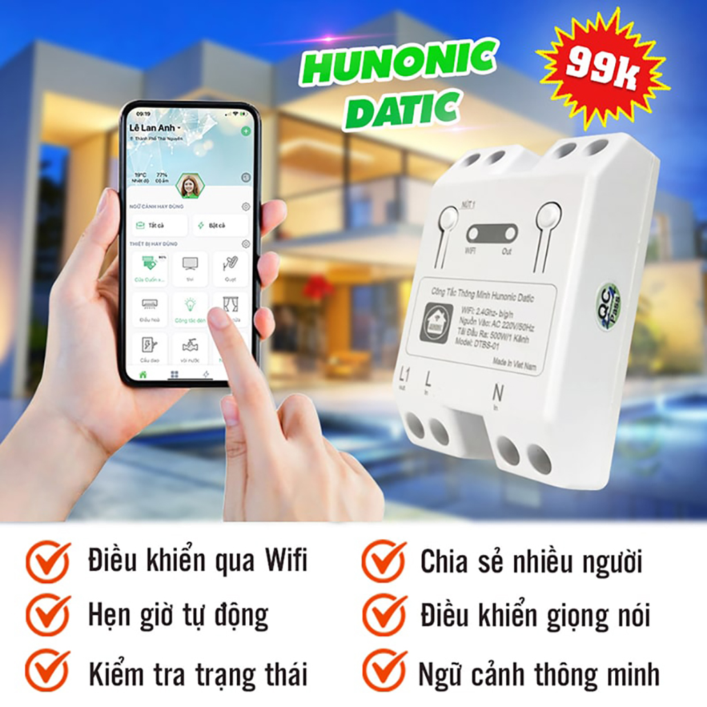 Kích thước Công Tắc Wifi Hunonic