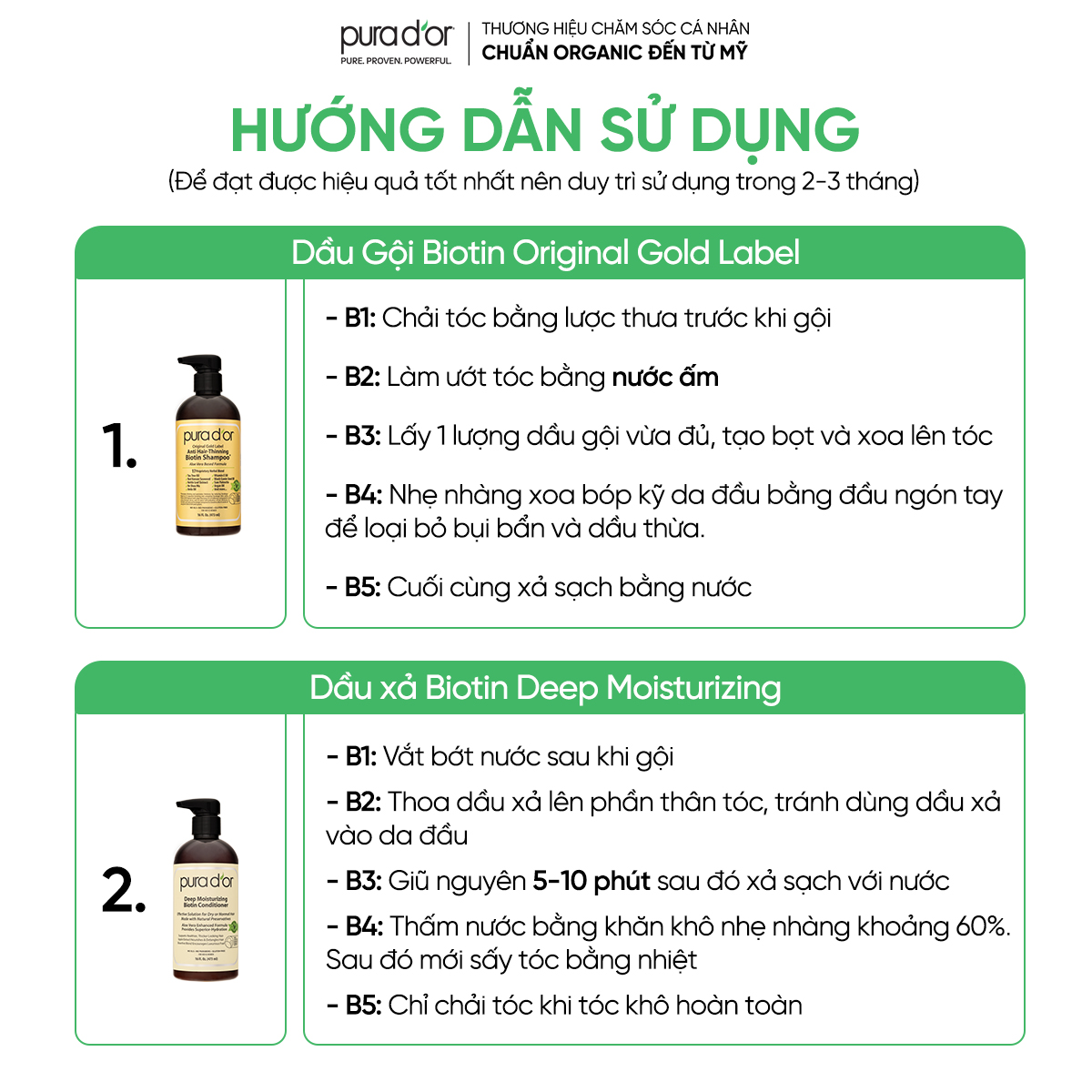 Mô tả Combo dầu gội dầu xả hữu cơ hỗ trợ giảm rụng tóc, hỗ trợ mọc tóc Biotin Gold Label Pura D'or 236ml/473ml Organic - 3