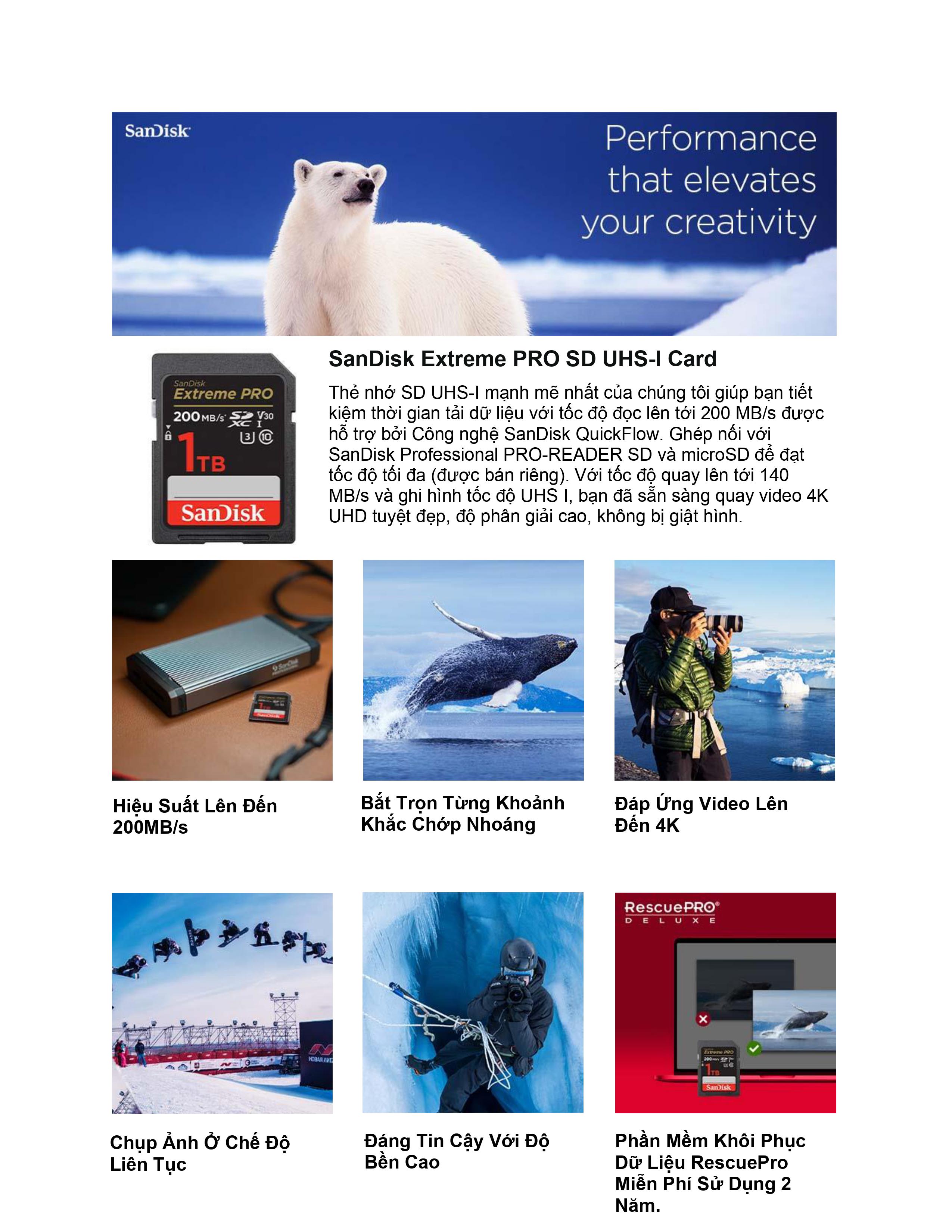 Mô tả Thẻ nhớ SDXC SanDisk Extreme Pro U3 V30 64GB - 128GB- 256GB 200MB/s - 1
