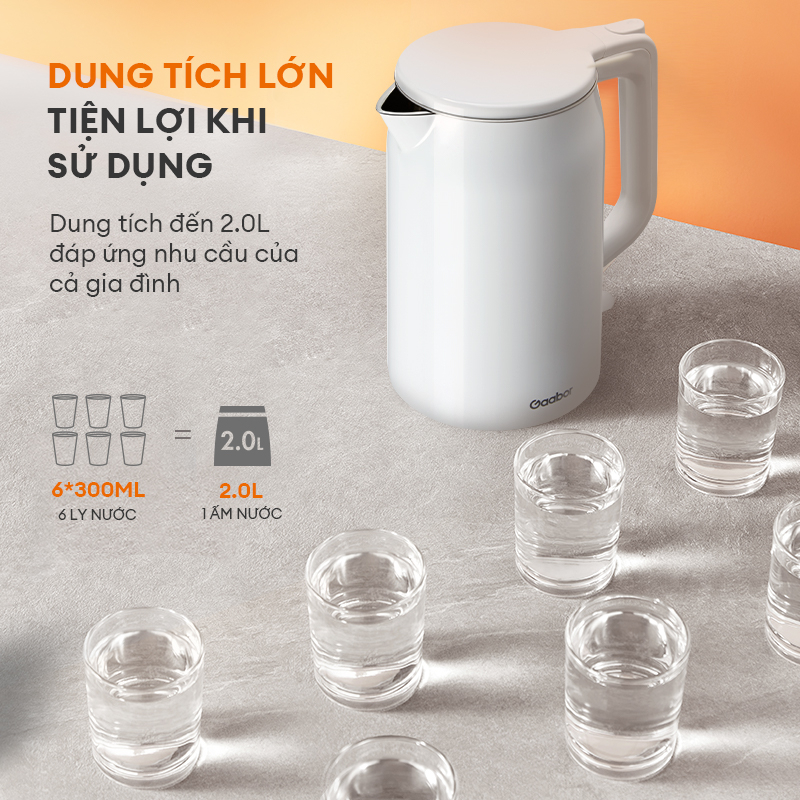 Mô tả Bình đun siêu tốc Gaabor EK20M-WH01A/WH02A dung tích lớn 2L công suất 1500W lòng ấm thép đúc liền kề dễ vệ sinh an toàn - 4