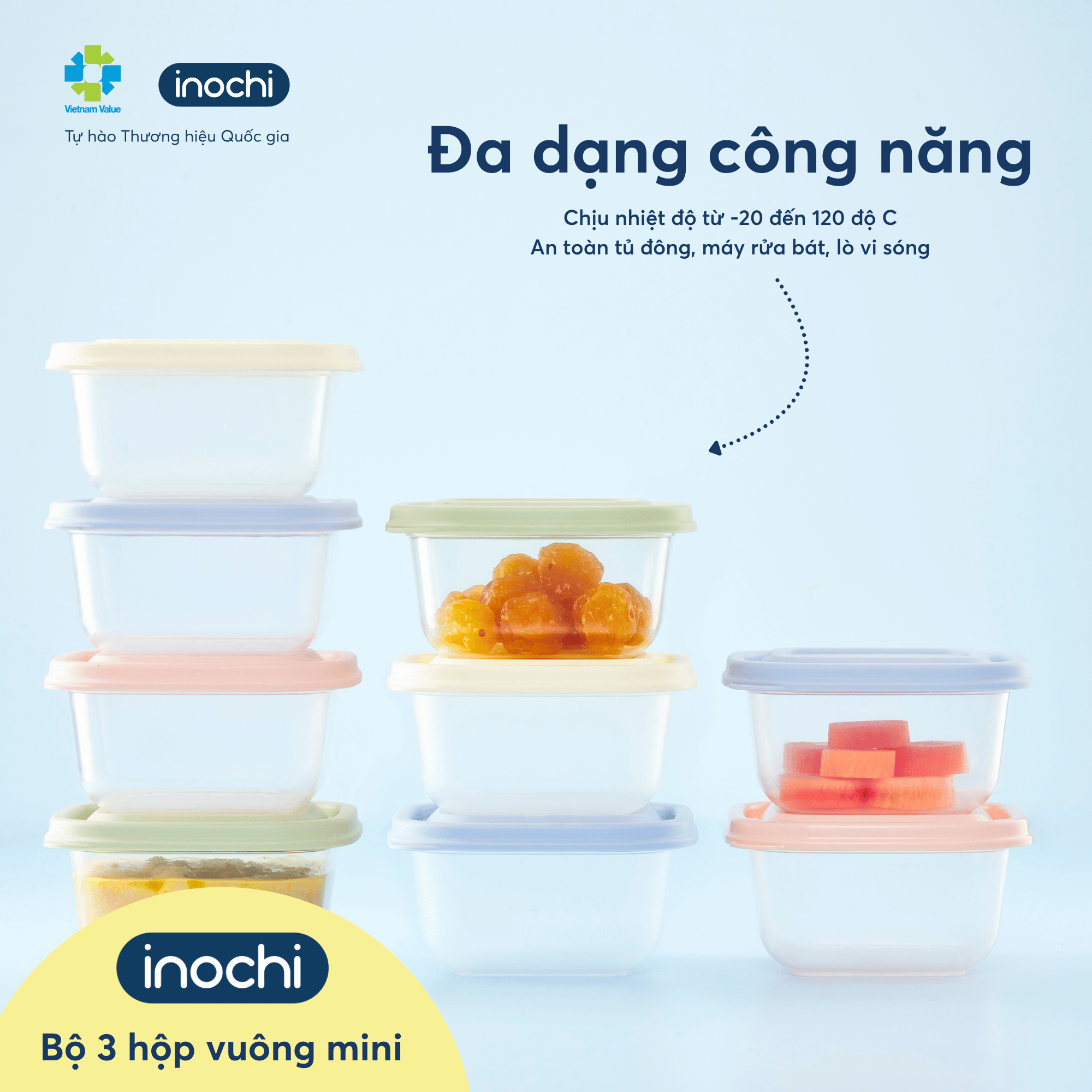 Bộ 3 hộp thực phẩm vuông mini 250ml Inochi - nhỏ gọn tiện lợi,đựng đồ ...