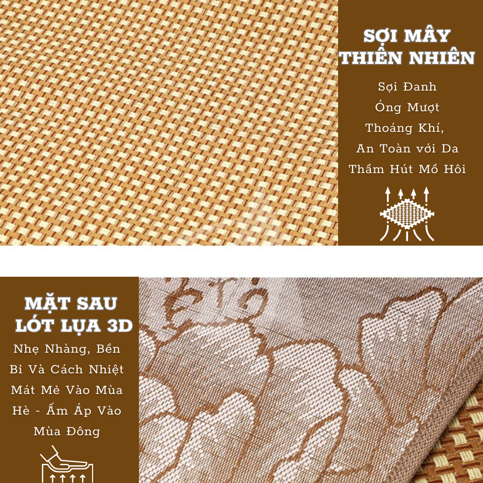 Mô tả Chiếu Điều Hoà Sợi Mây 3D Tự Nhiên Cao Cấp Mặt Sau Chiếu Mây Lót Lụa Nằm Ngủ Mát Lạnh Mùa Hè Êm Viền Vải Có Chun Cài Góc - 2