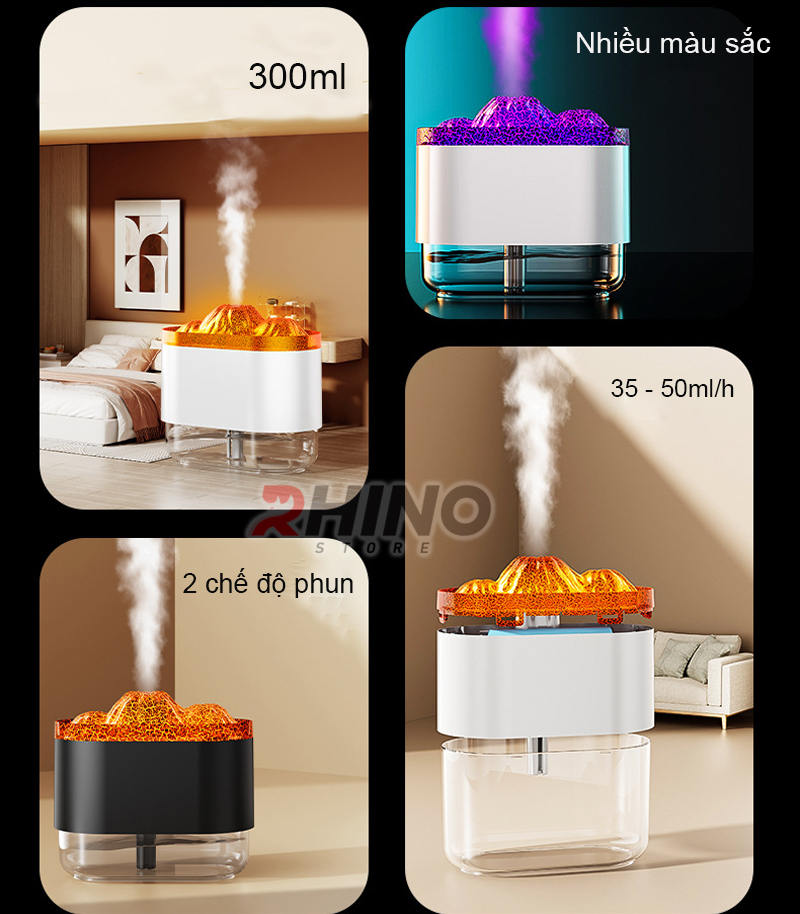 Mô tả Máy phun sương tạo ẩm Rhino H307 hình núi lửa, dung tích 300ml tích hợp đèn - 2