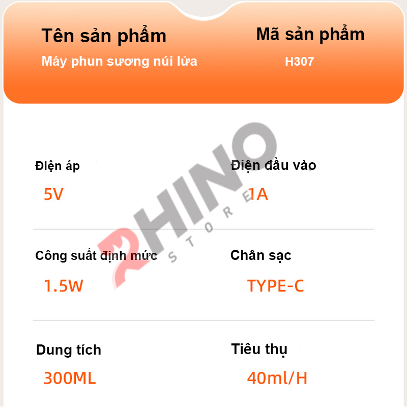 Mô tả Máy phun sương tạo ẩm Rhino H307 hình núi lửa, dung tích 300ml tích hợp đèn - 4