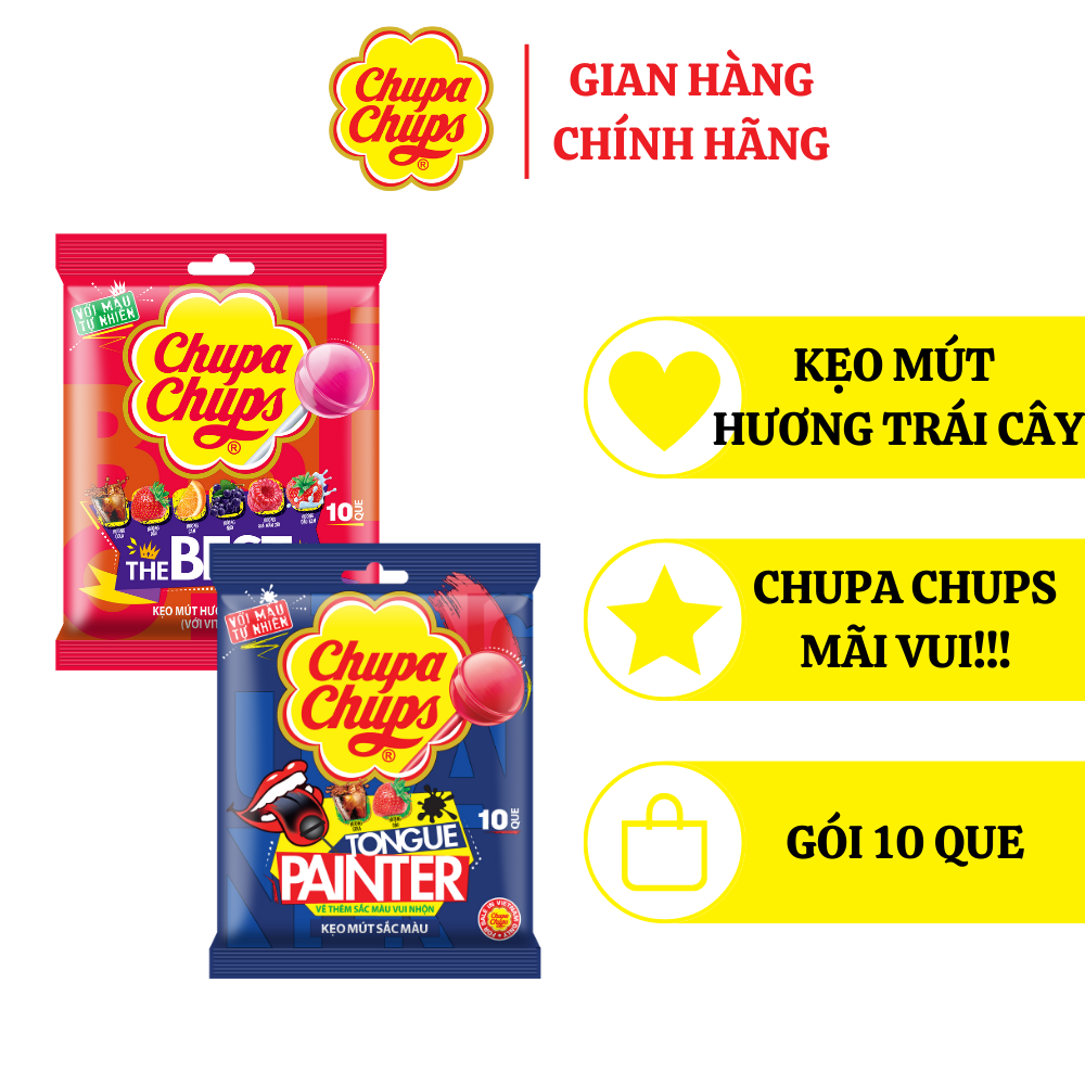 Mô tả Kẹo mút Chupa Chups (Gói 10 que) Hương trái cây hỗn hợp và kẹo mút tô màu lưỡi hương Dâu và Cola - 1