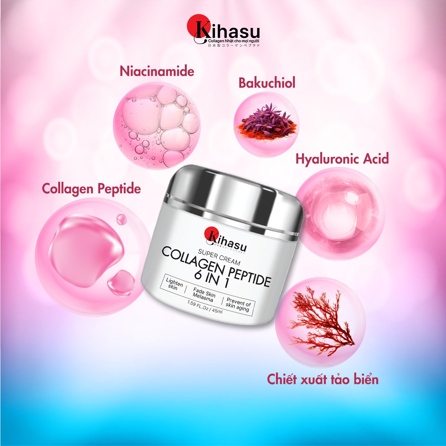 Mô tả Kem Dưỡng Collagen Peptide Kihasu 6in1 Giúp Da Căng Bóng, Trắng Sáng Tự Nhiên, Mờ Nám, Tăng Độ Đàn Hồi Cho Da - 1