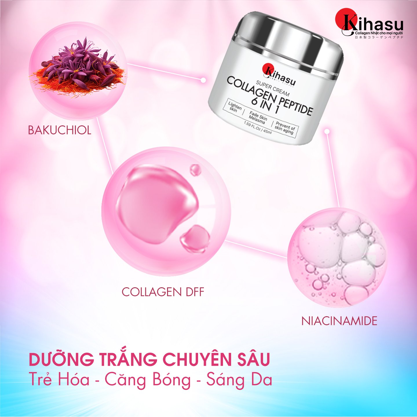 Mô tả Kem Dưỡng Collagen Peptide Kihasu 6in1 Giúp Da Căng Bóng, Trắng Sáng Tự Nhiên, Mờ Nám, Tăng Độ Đàn Hồi Cho Da - 2