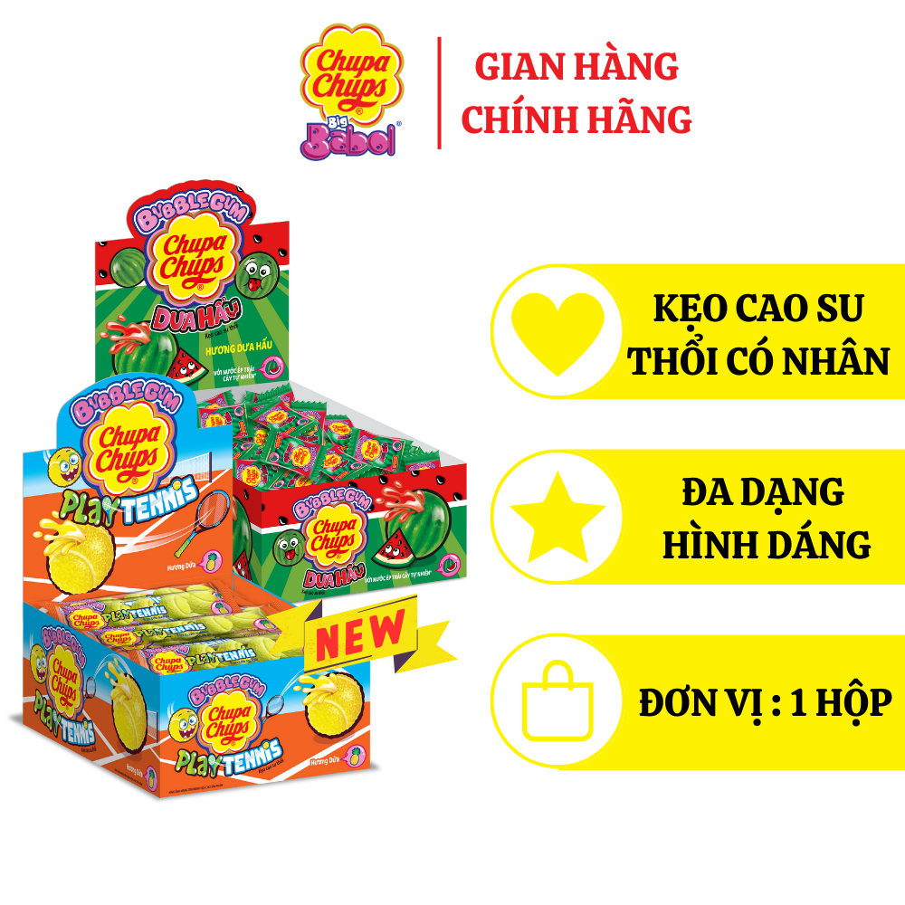 Mô tả Hộp Kẹo cao su gum thổi có nhân bên trong Chupa Chups Big Babol hình dáng Dưa Hấu, Trái banh Tennis hương Dứa - 1