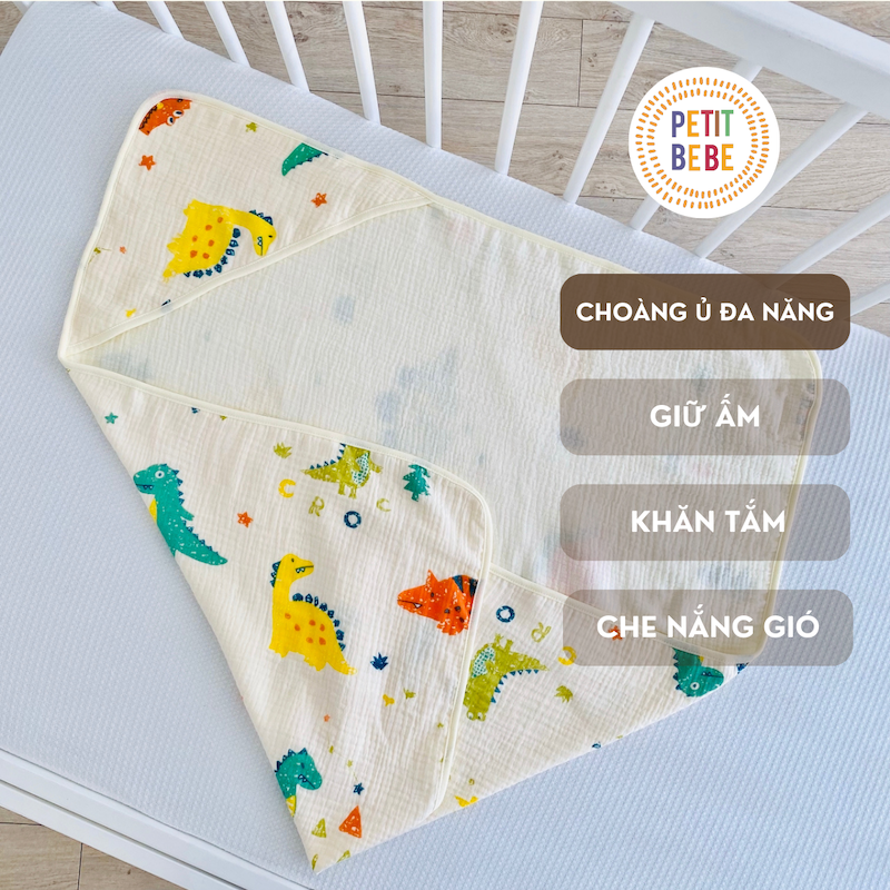 Mô tả Khăn choàng ủ sơ sinh có mũ PETIT BEBE muslin 4 lớp thoáng khí mềm mại nhiều họa tiết dễ thương - 5