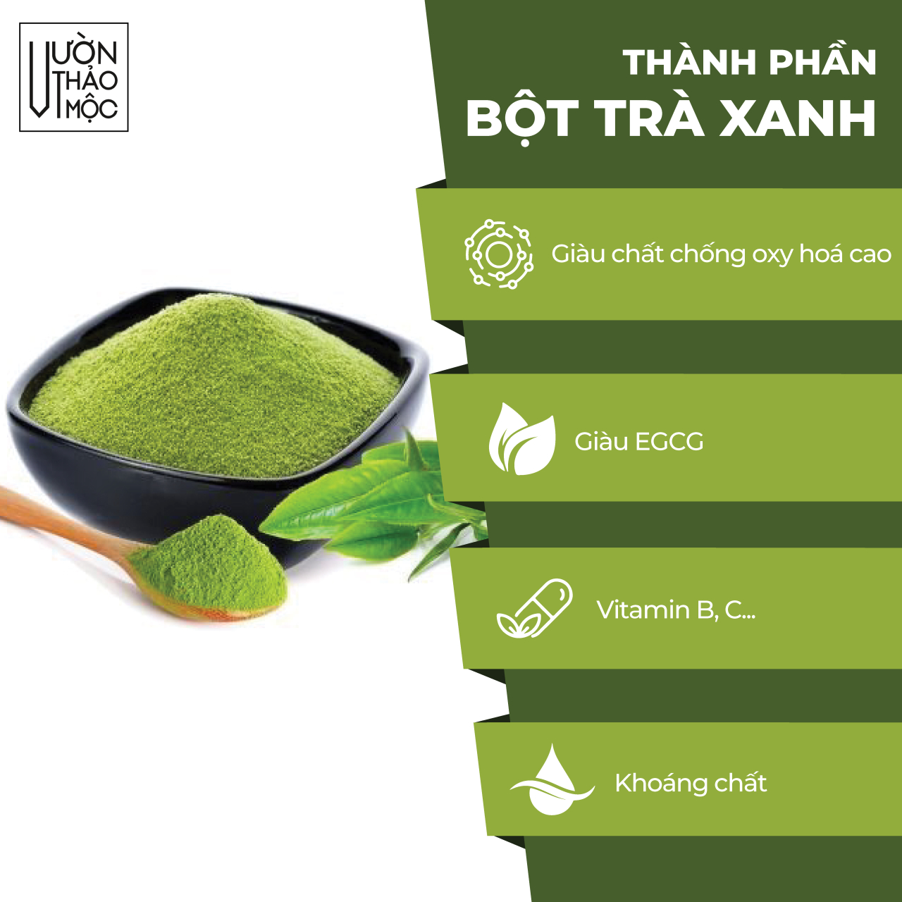 Mô tả Bột trà xanh Vườn Thảo Mộc nguyên chất 100%, hỗ trợ giảm nhờn, ngừa sưng giảm thâm, phục hồi làn da - 2
