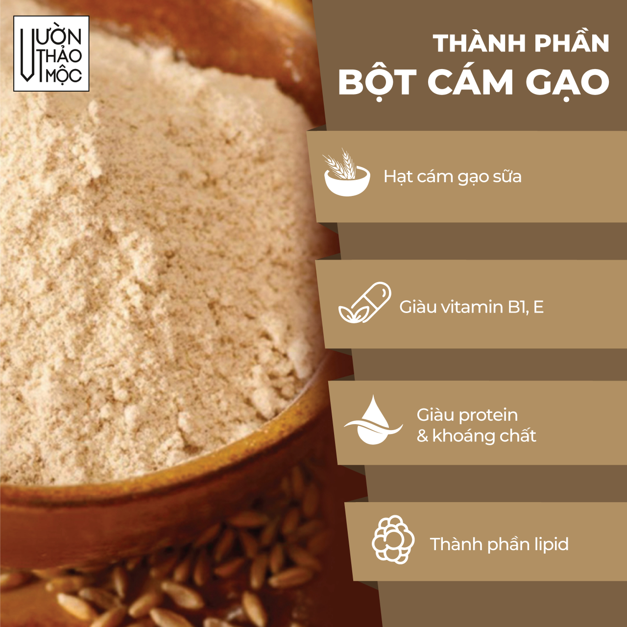 Mô tả Bột cám gạo Vườn Thảo Mộc nguyên chất 100% Organic,dưỡng trắng da mặt và body, chống lão hóa mờ thâm - 2