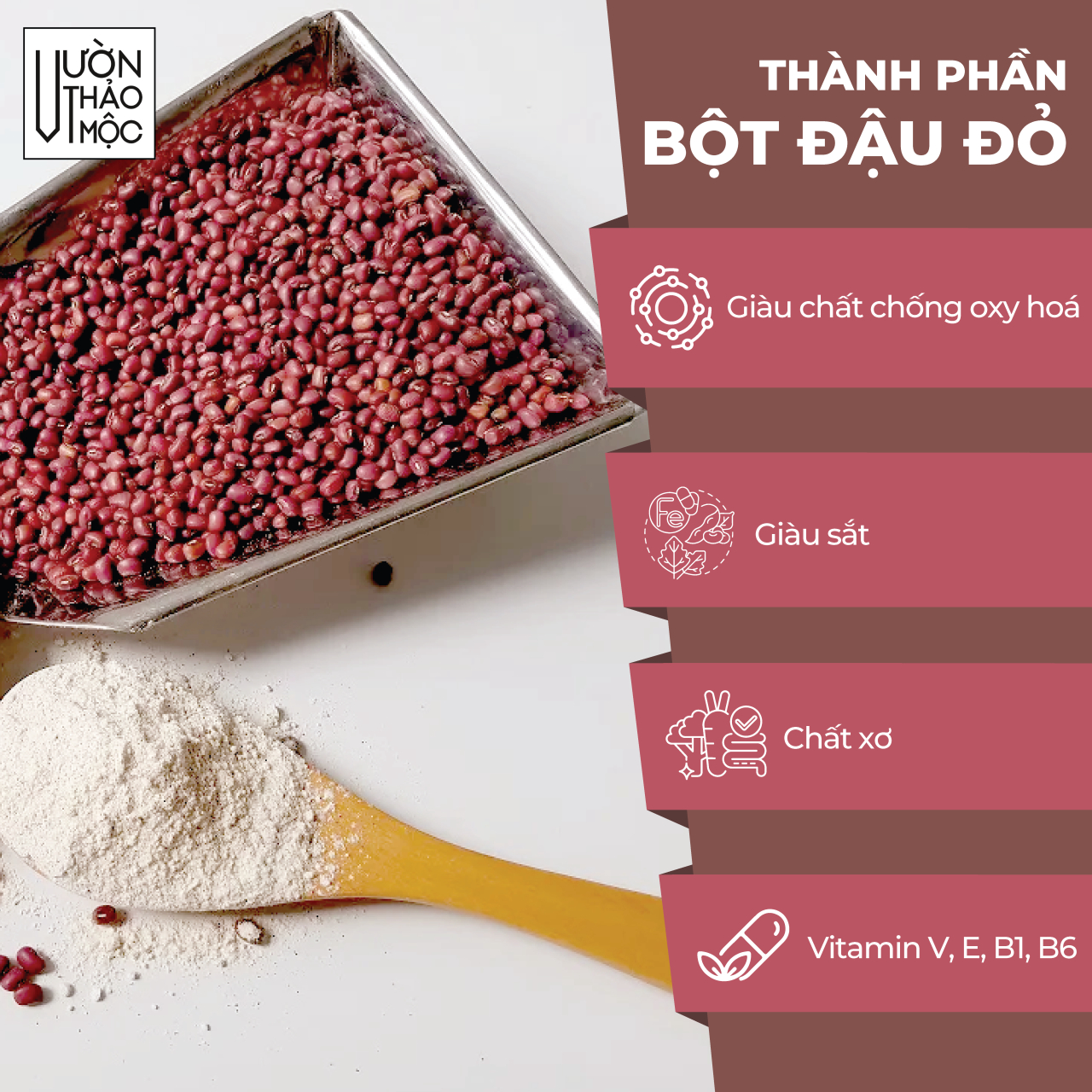Mô tả Bột đậu đỏ Vườn Thảo Mộc nguyên chất 100% Organic, đắp mặt nạ dưỡng da, tắm trắng, tẩy sạch da chết - 2
