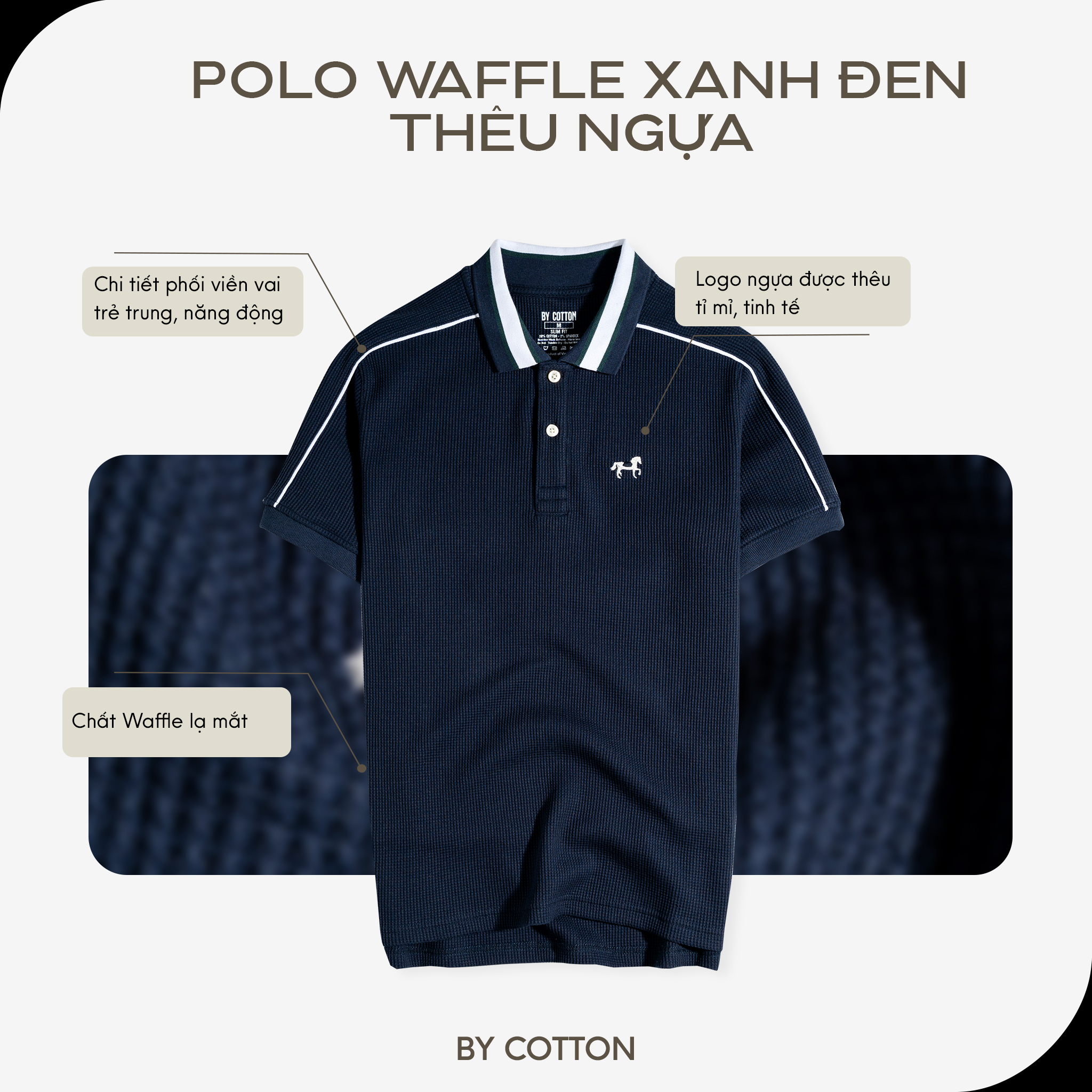 Mô tả Áo Thun Polo Nam Cao Cấp Waffle 2 Màu Trắng - Xanh Đen Thêu Ngựa BY COTTON - 4