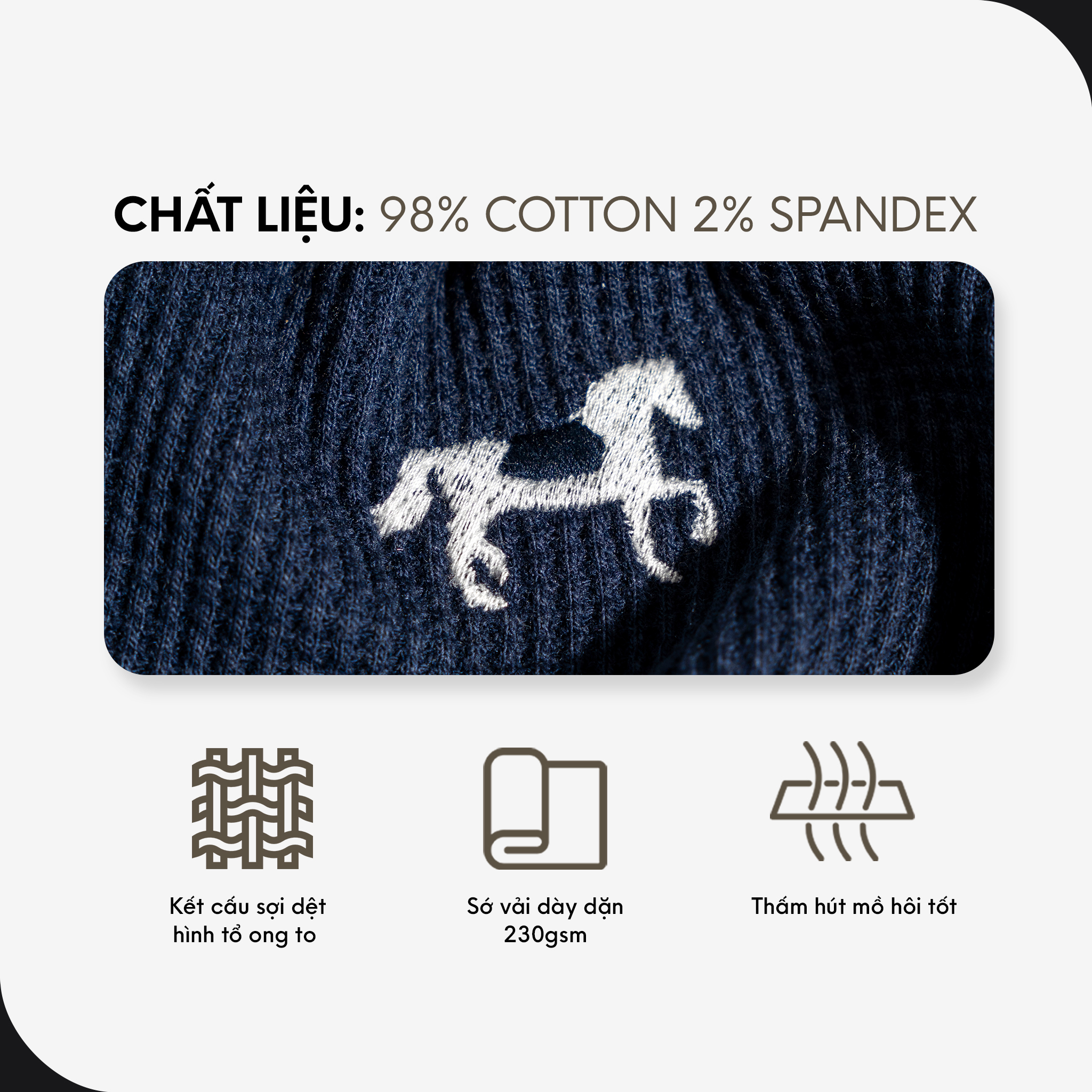Mô tả Áo Thun Polo Nam Cao Cấp Waffle 2 Màu Trắng - Xanh Đen Thêu Ngựa BY COTTON - 5