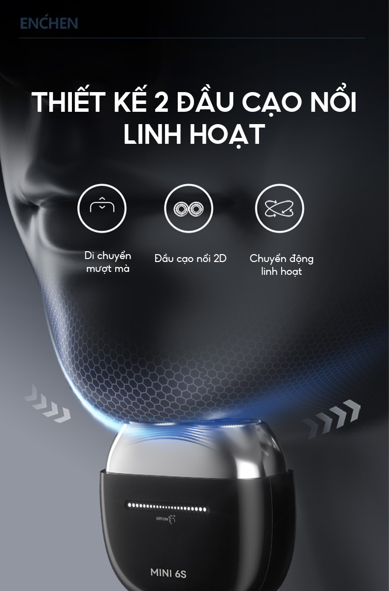 Mô tả Máy cạo râu Enchen Mini 6s, đầu cạo nổi 28 lưỡi dao kép tự mài, chống nước toàn thân - BH 6 tháng - 2