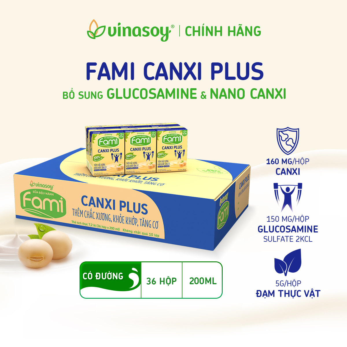 Mô tả Thùng sữa đậu nành Fami Canxi Plus nguyên vị hộp (36 hộp x 200ml) - 1