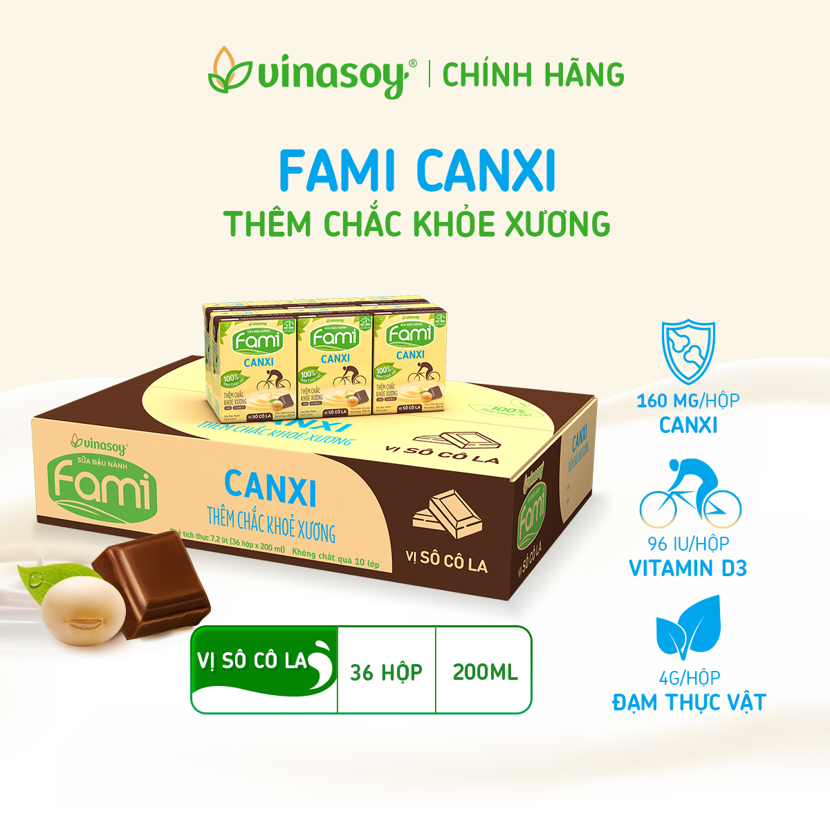 Mô tả Thùng sữa đậu nành Fami Canxi Vị sô cô la hộp (36 hộp x 200ml) - 1