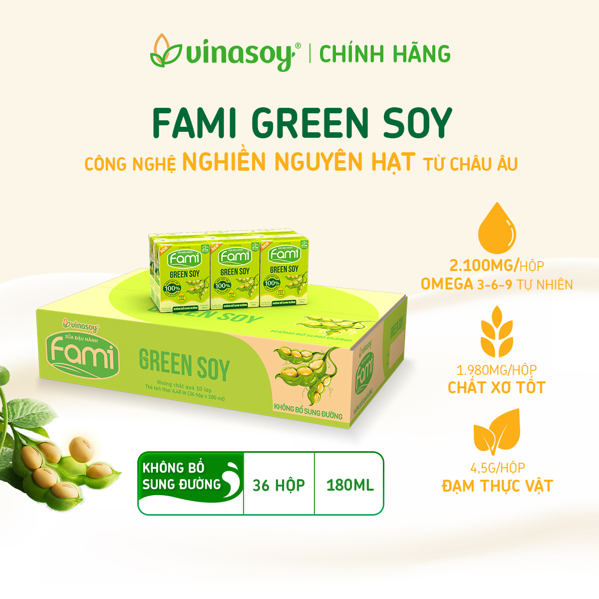 Mô tả Thùng sữa đậu nành Fami Green Soy không bổ sung đường (36 hộp x 180ml) - 1